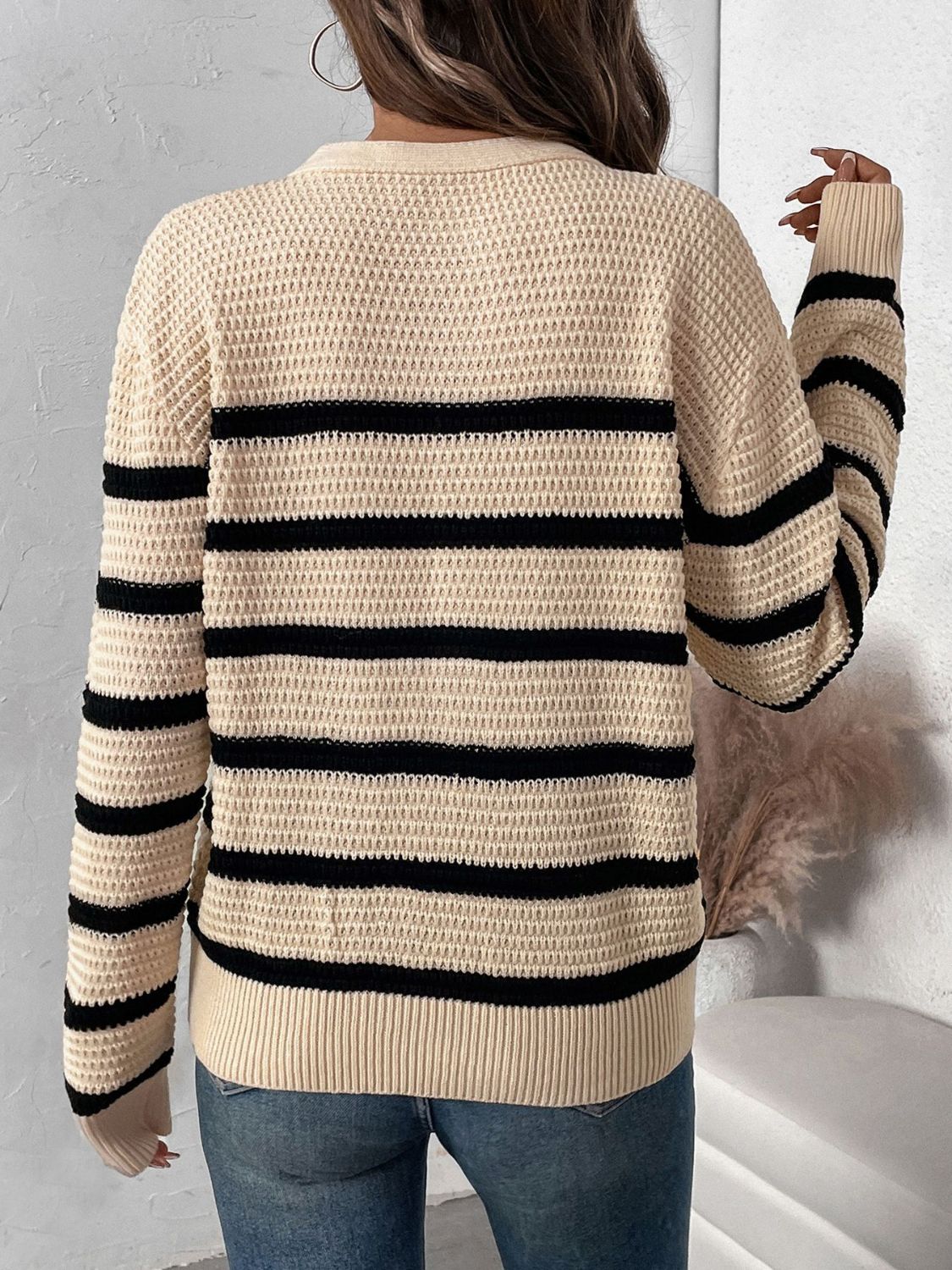 Perfee Striped Half Button Long Sleeve Sweater