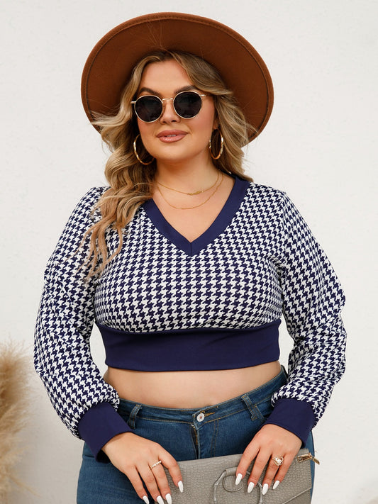 Plus Size Houndstooth V-Neck Long Sleeve Blouse - RebelReine Apparel & Co.