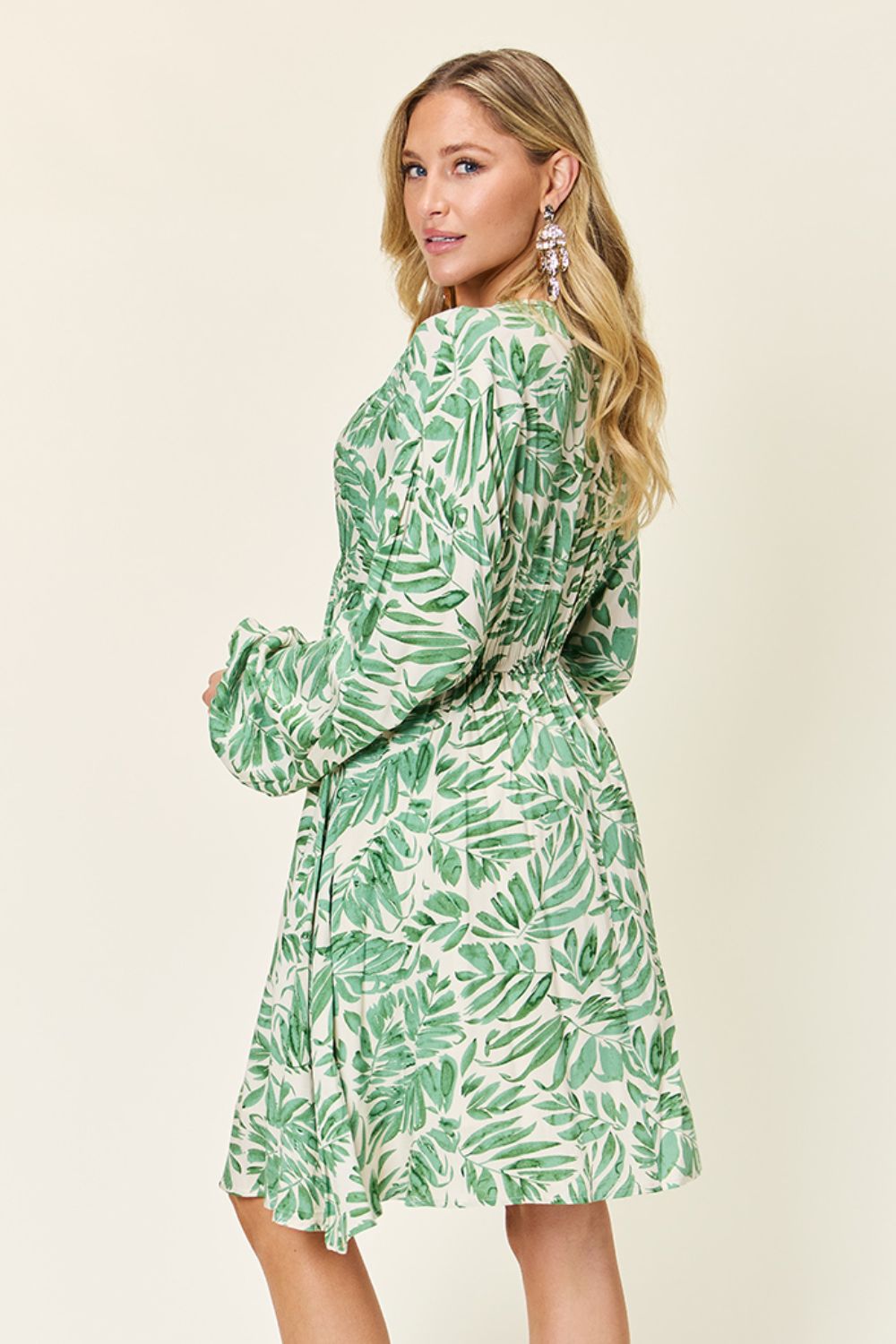 Double Take Full Size Printed Ruched Balloon Sleeve Dress - RebelReine Apparel & Co.