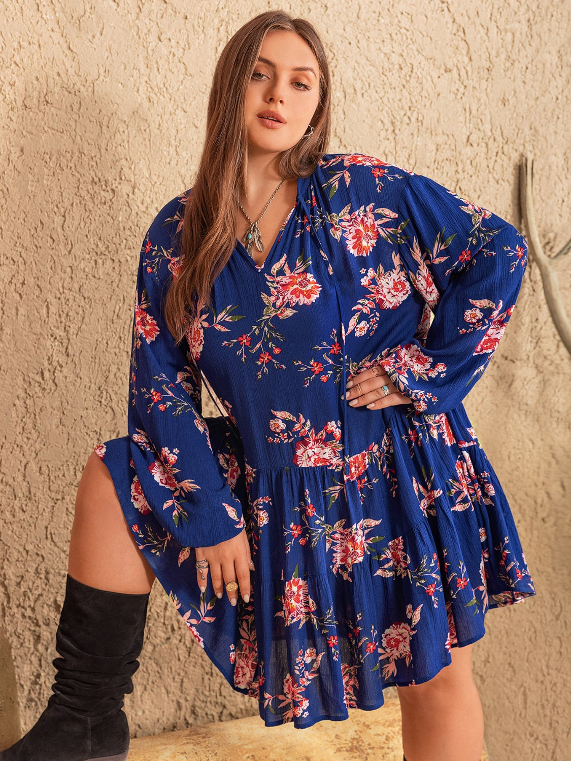 Plus Size Printed Tie Neck Balloon Sleeve Mini Dress - RebelReine Apparel & Co.