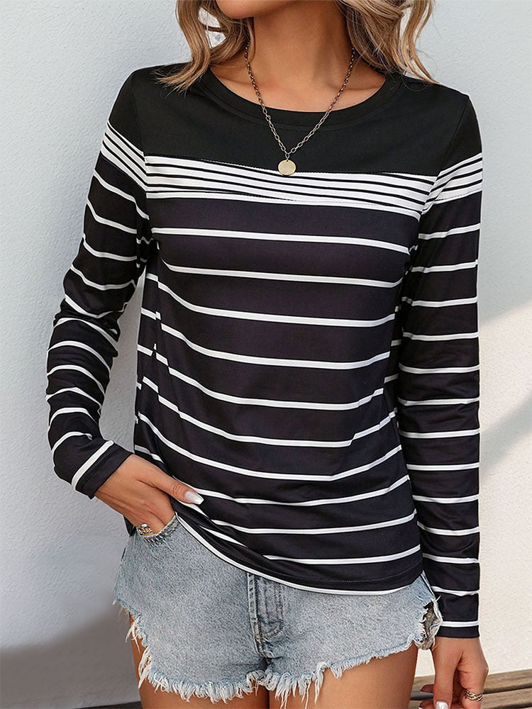 Striped Round Neck Long Sleeve T-Shirt - RebelReine Apparel & Co.