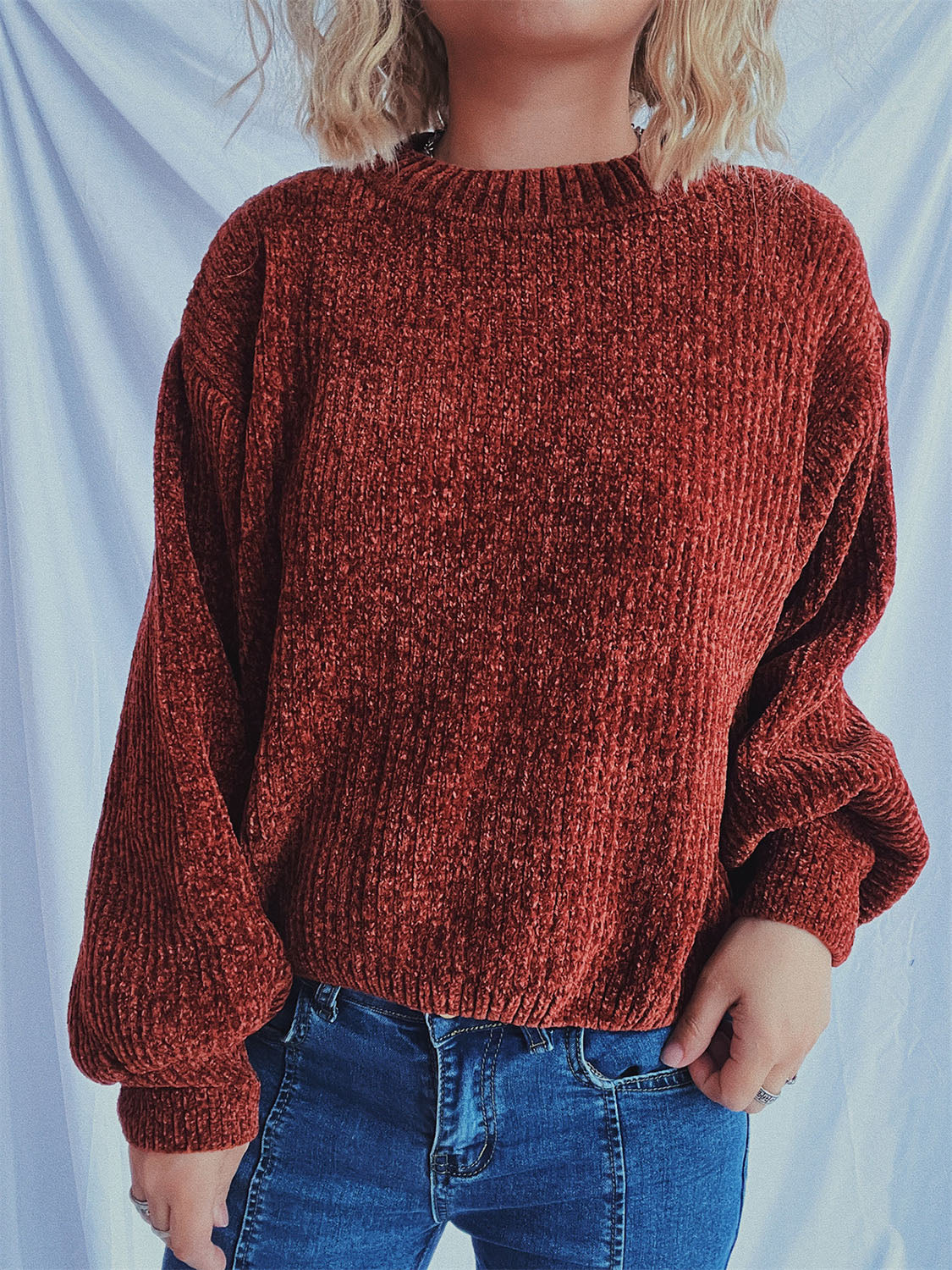 Round Neck Dropped Shoulder Long Sleeve Sweater