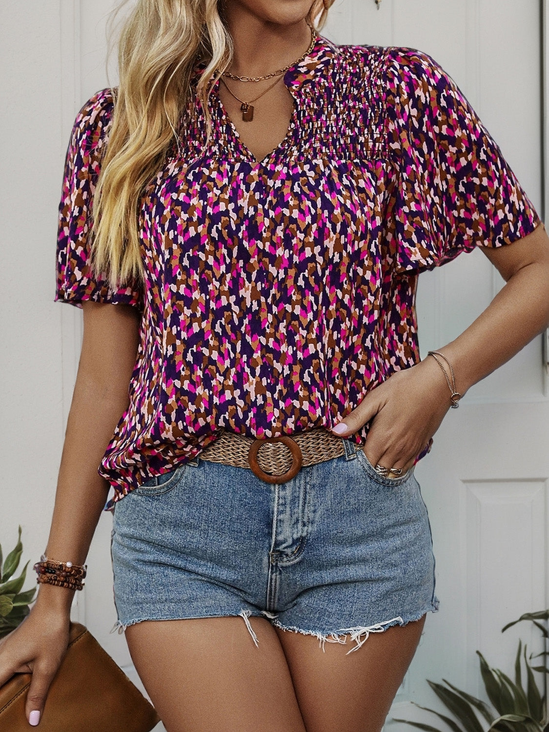 Printed Notched Flutter Sleeve Blouse - RebelReine Apparel & Co.