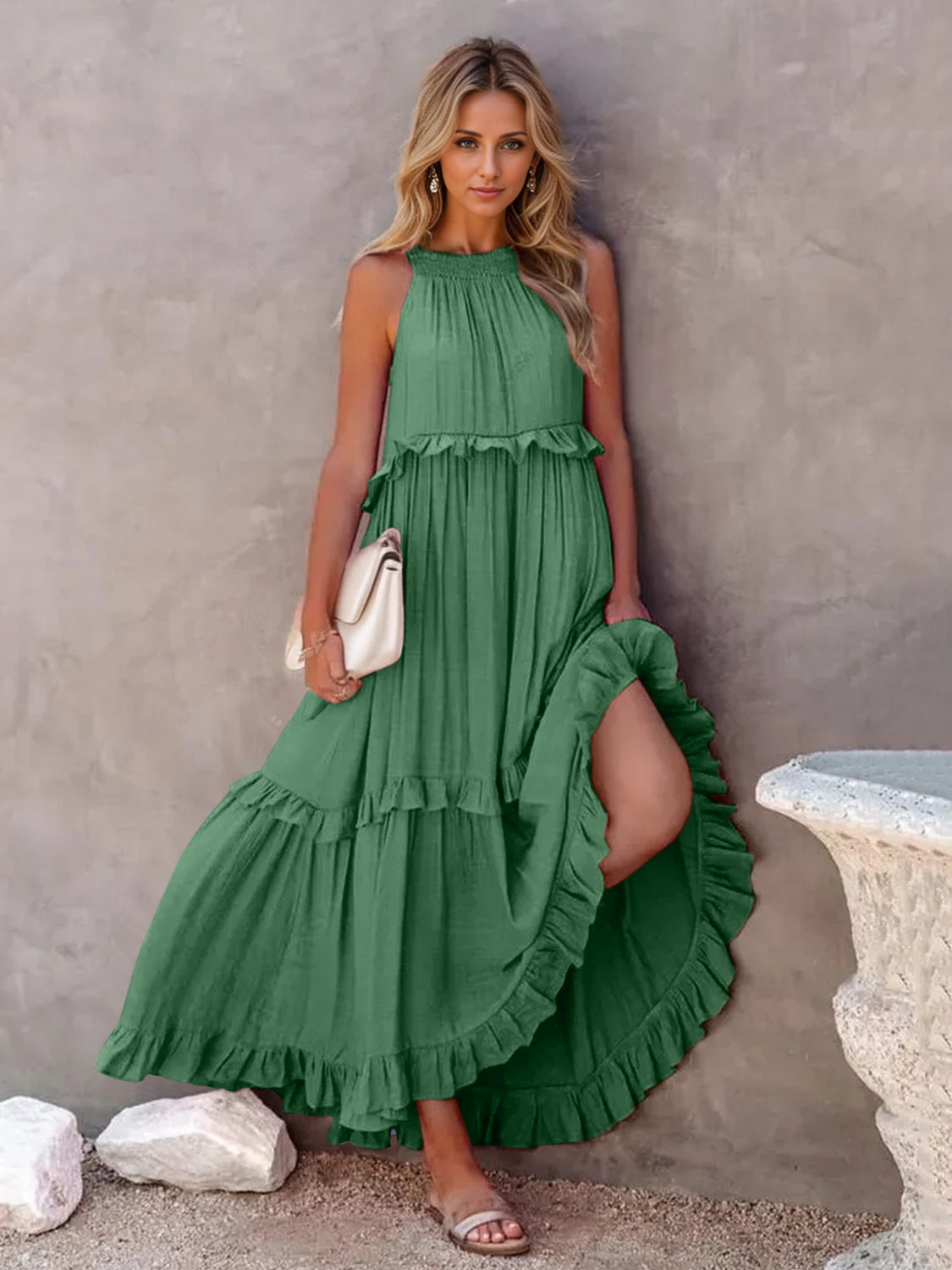 Ruffled Sleeveless Tiered Maxi Dress with Pockets - RebelReine Apparel & Co.