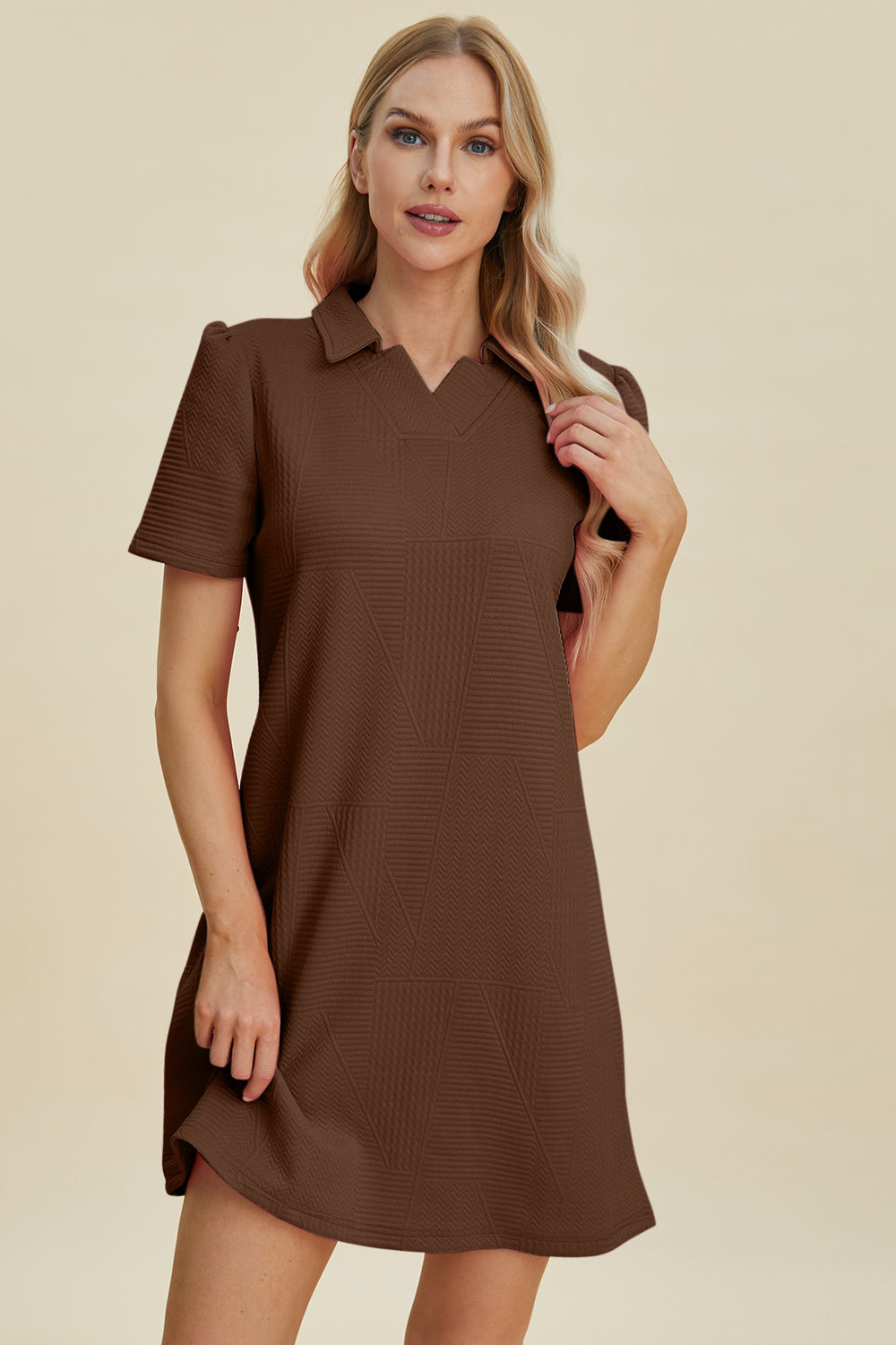 Double Take Full Size Texture Short Sleeve Dress - RebelReine Apparel & Co.