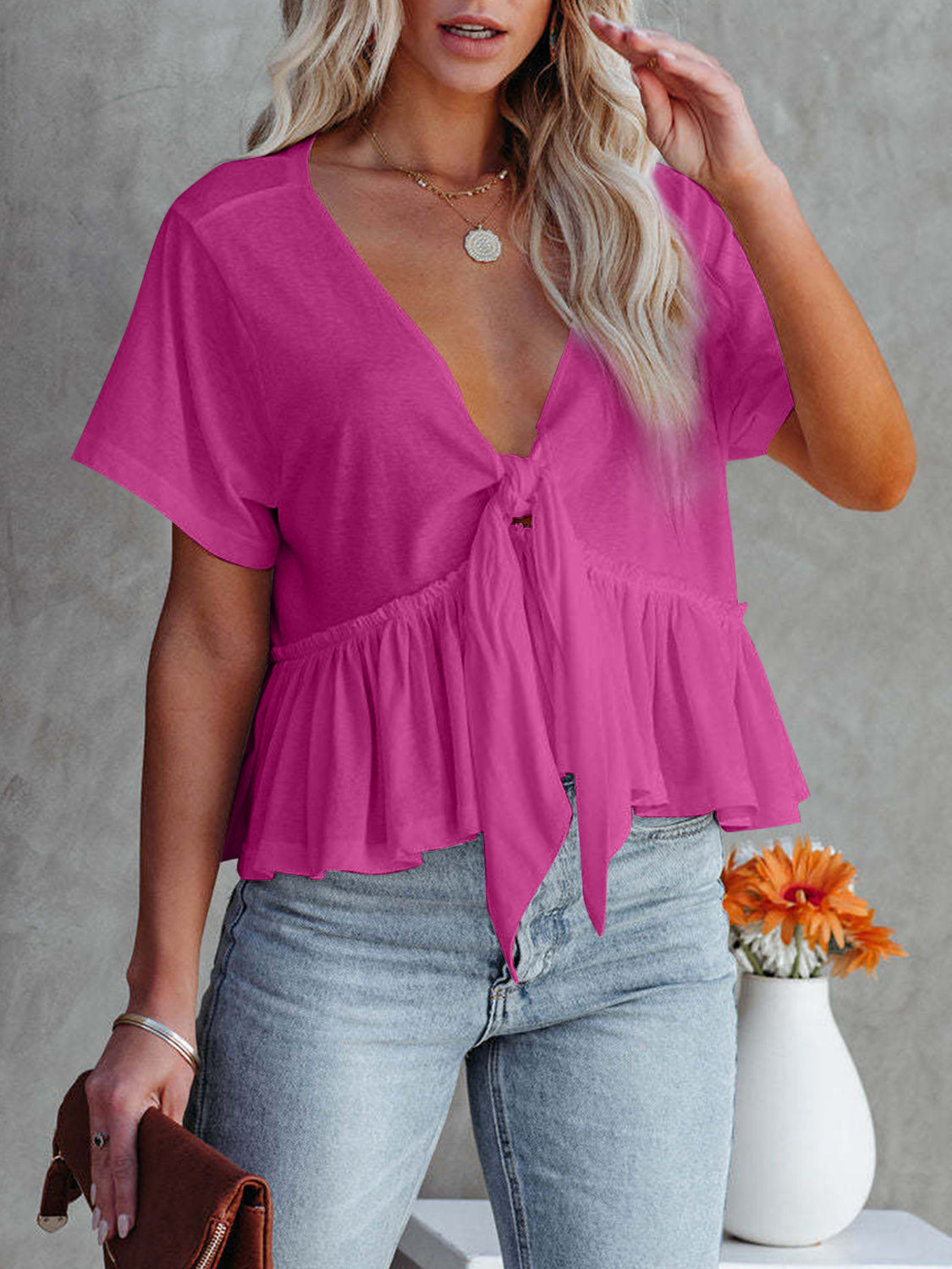 Tied Plunge Short Sleeve Blouse - RebelReine Apparel & Co.