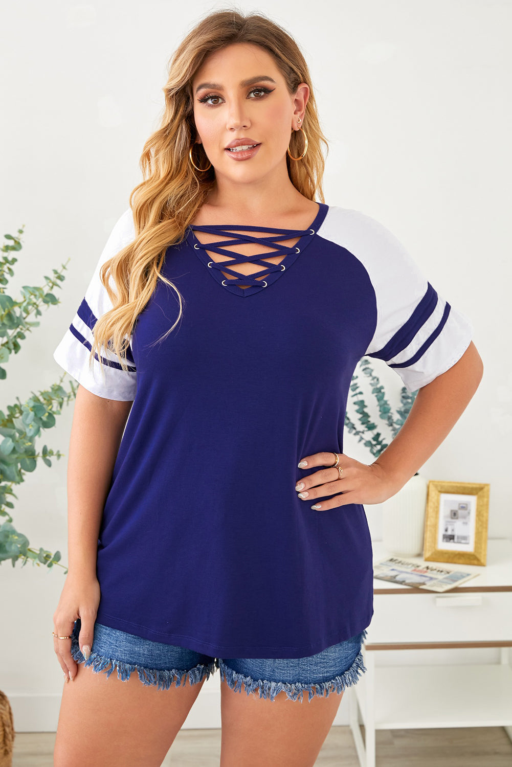 Plus Size Contrast Crisscross Tee Shirt - RebelReine Apparel & Co.