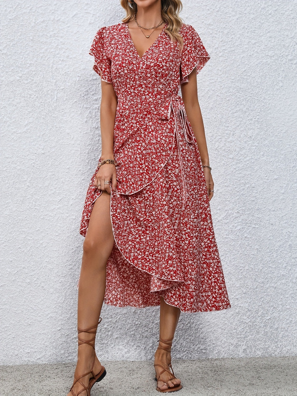 Printed Surplice Flutter Sleeve Midi Dress - RebelReine Apparel & Co.