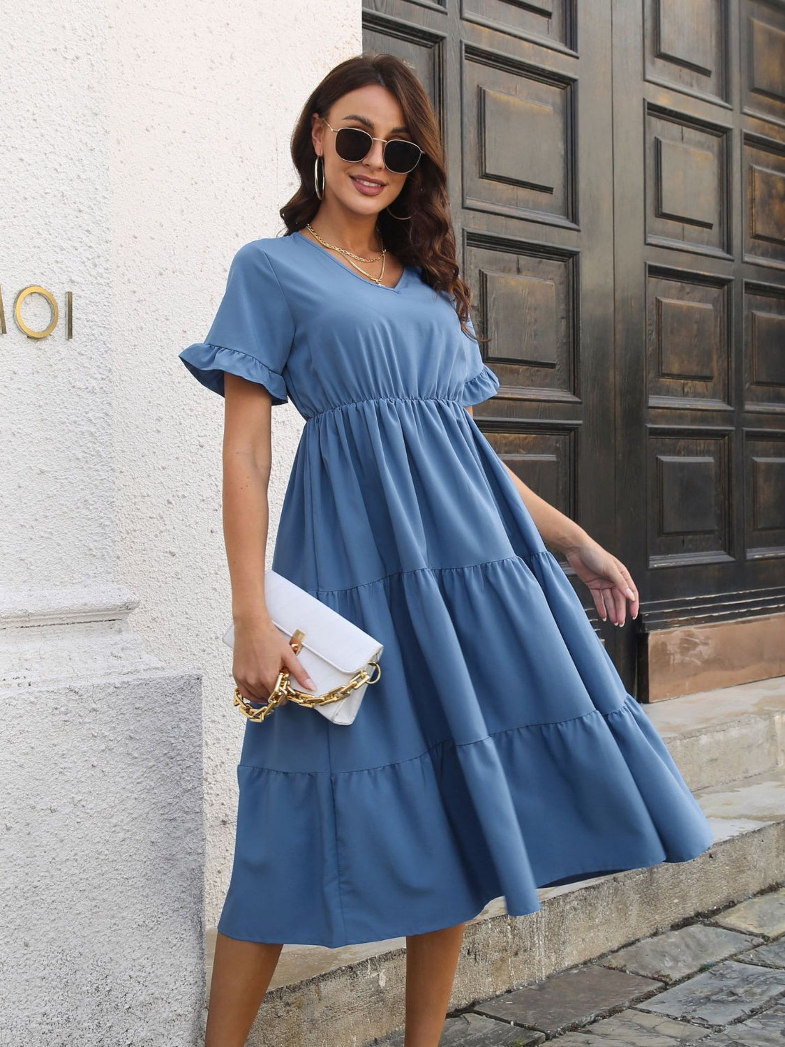 V-Neck Short Sleeve Midi Dress - RebelReine Apparel & Co.