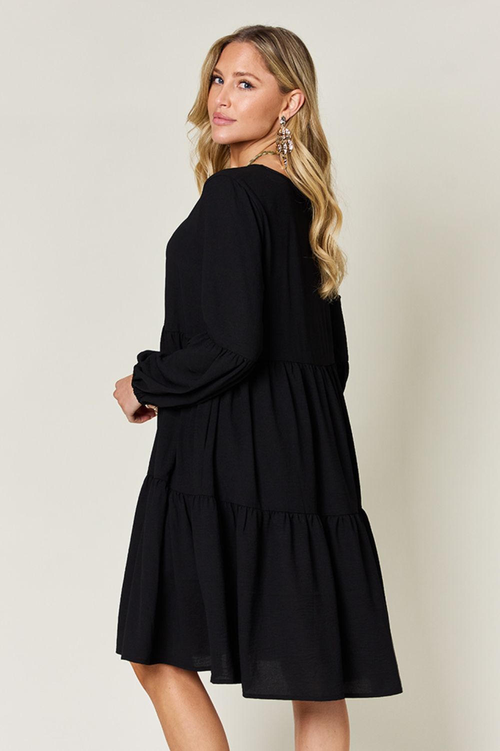 Double Take Full Size V-Neck Balloon Sleeve Tiered Dress - RebelReine Apparel & Co.