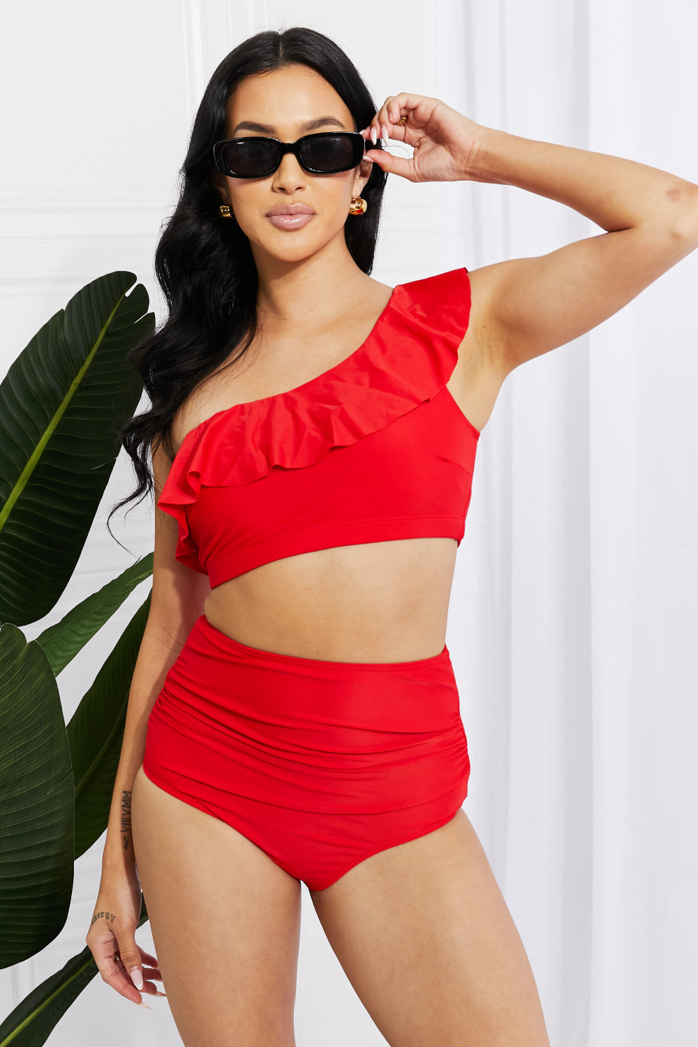 Marina West Swim Seaside Romance Ruffle One-Shoulder Bikini in Red - RebelReine Apparel & Co.