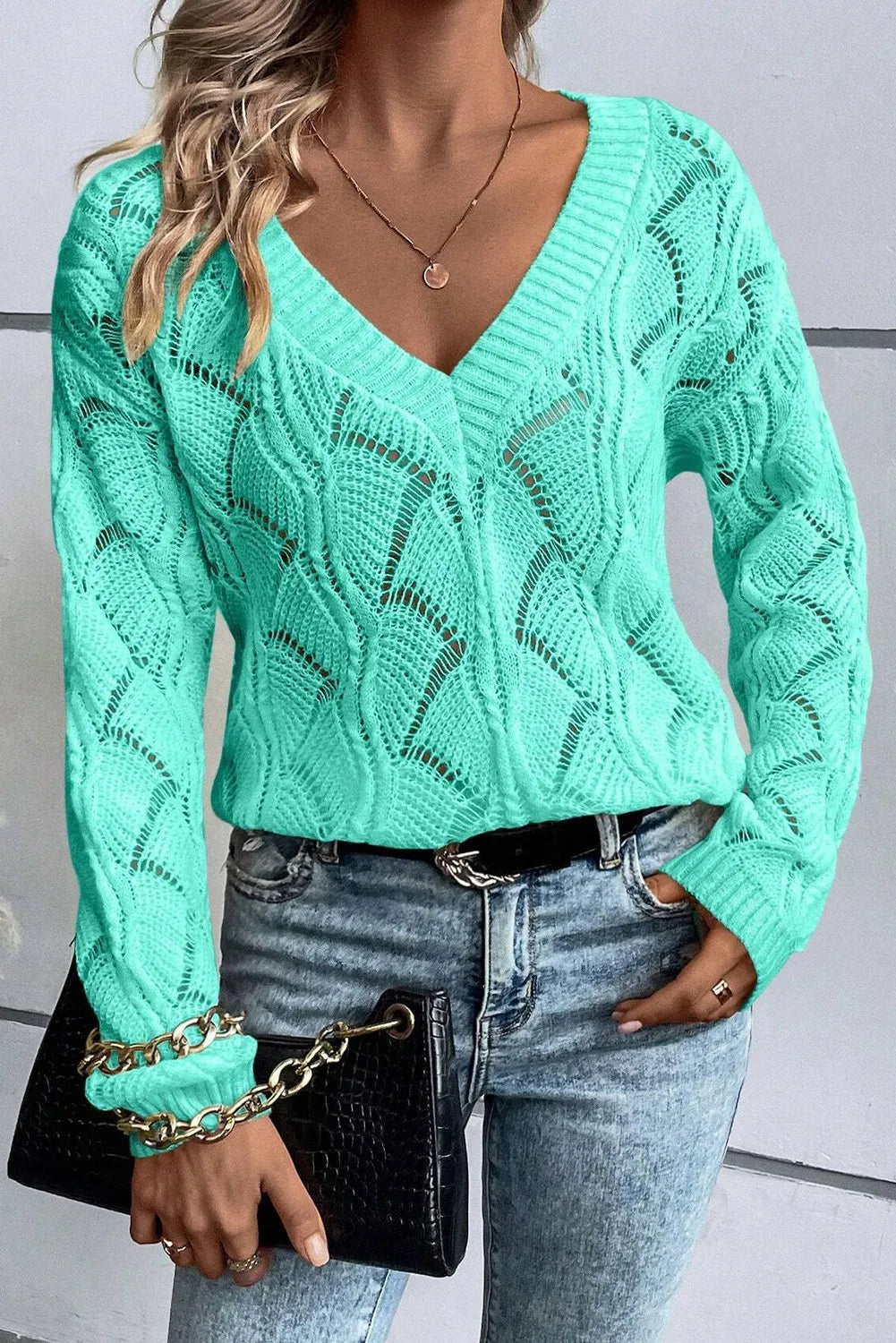 Openwork V-Neck Long Sleeve Sweater - RebelReine Apparel & Co.