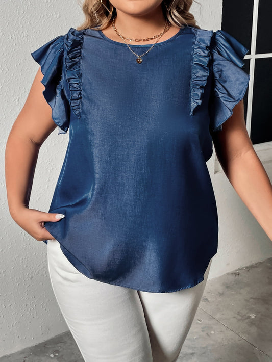 Plus Size Round Neck Flounce Sleeve Frill Trim Blouse - RebelReine Apparel & Co.