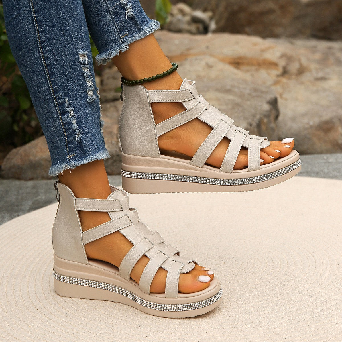 Cutout Rhinestone Trim Wedge Sandals - RebelReine Apparel & Co.