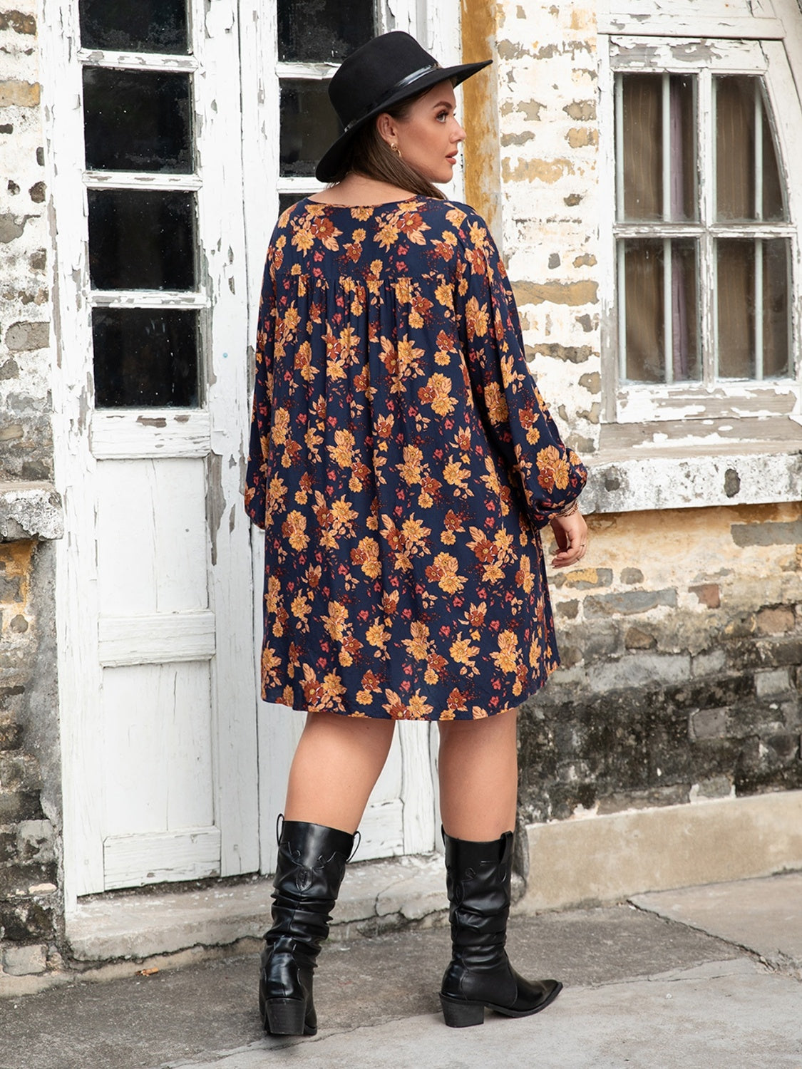 Plus Size Floral V-Neck Balloon Sleeve Dress - RebelReine Apparel & Co.