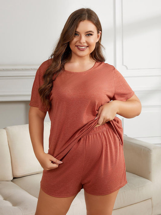 Plus Size Round Neck Short Sleeve Two-Piece Loungewear Set - RebelReine Apparel & Co.