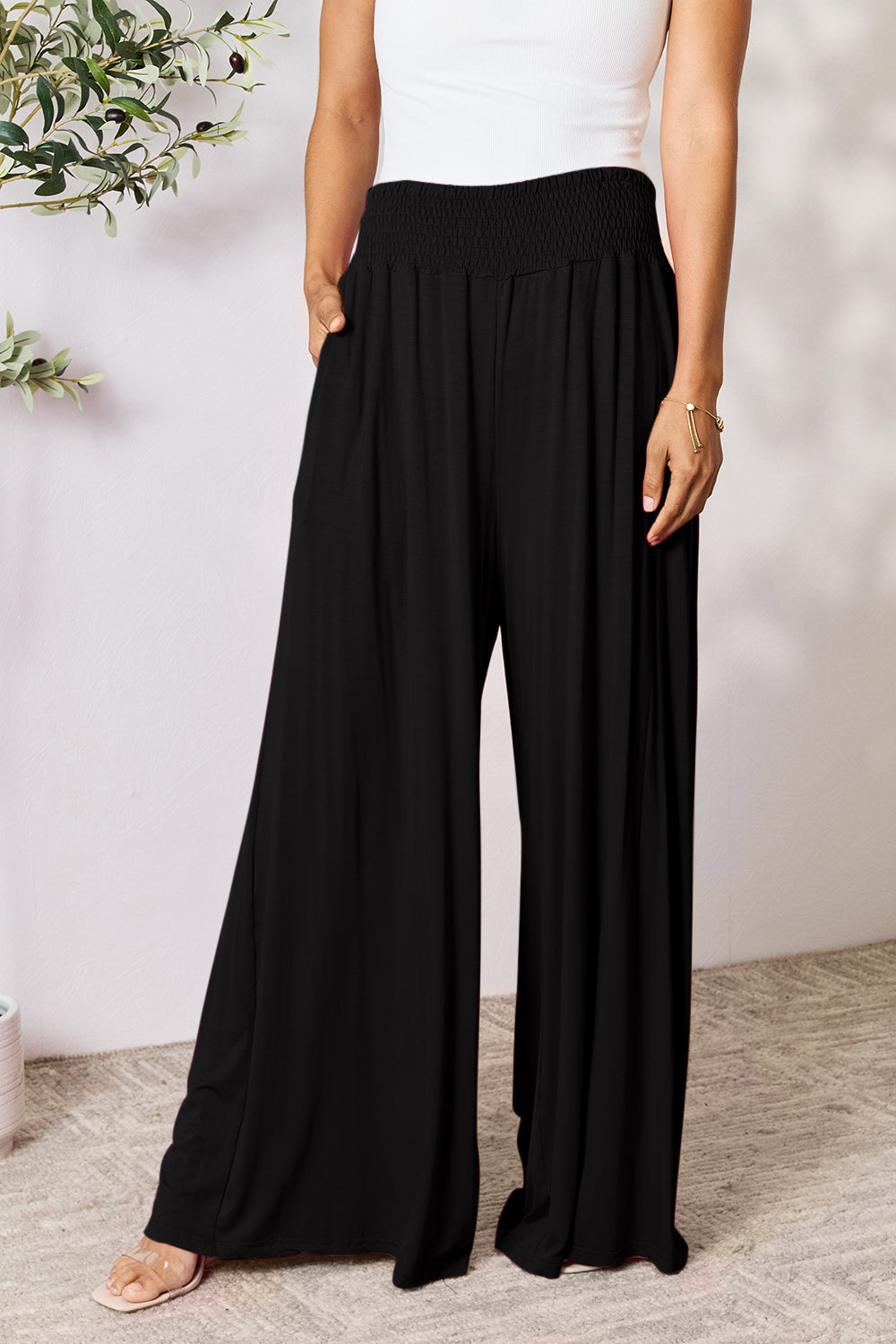 Double Take Full Size Smocked Wide Waistband Wide Leg Pants - RebelReine Apparel & Co.