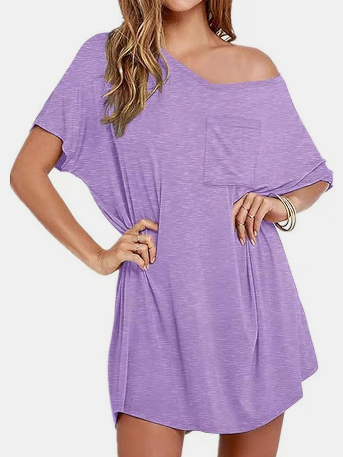 Pocketed V-Neck Short Sleeve Tee Dress - RebelReine Apparel & Co.