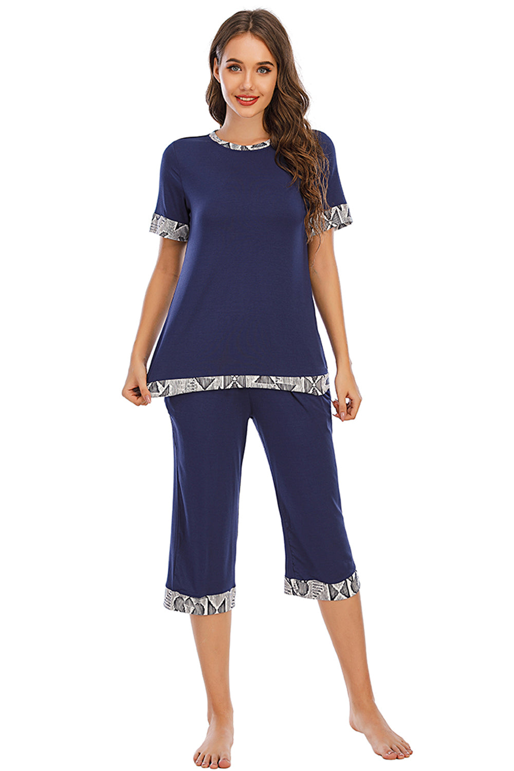 Round Neck Short Sleeve Top and Capris Pants Lounge Set - RebelReine Apparel & Co.