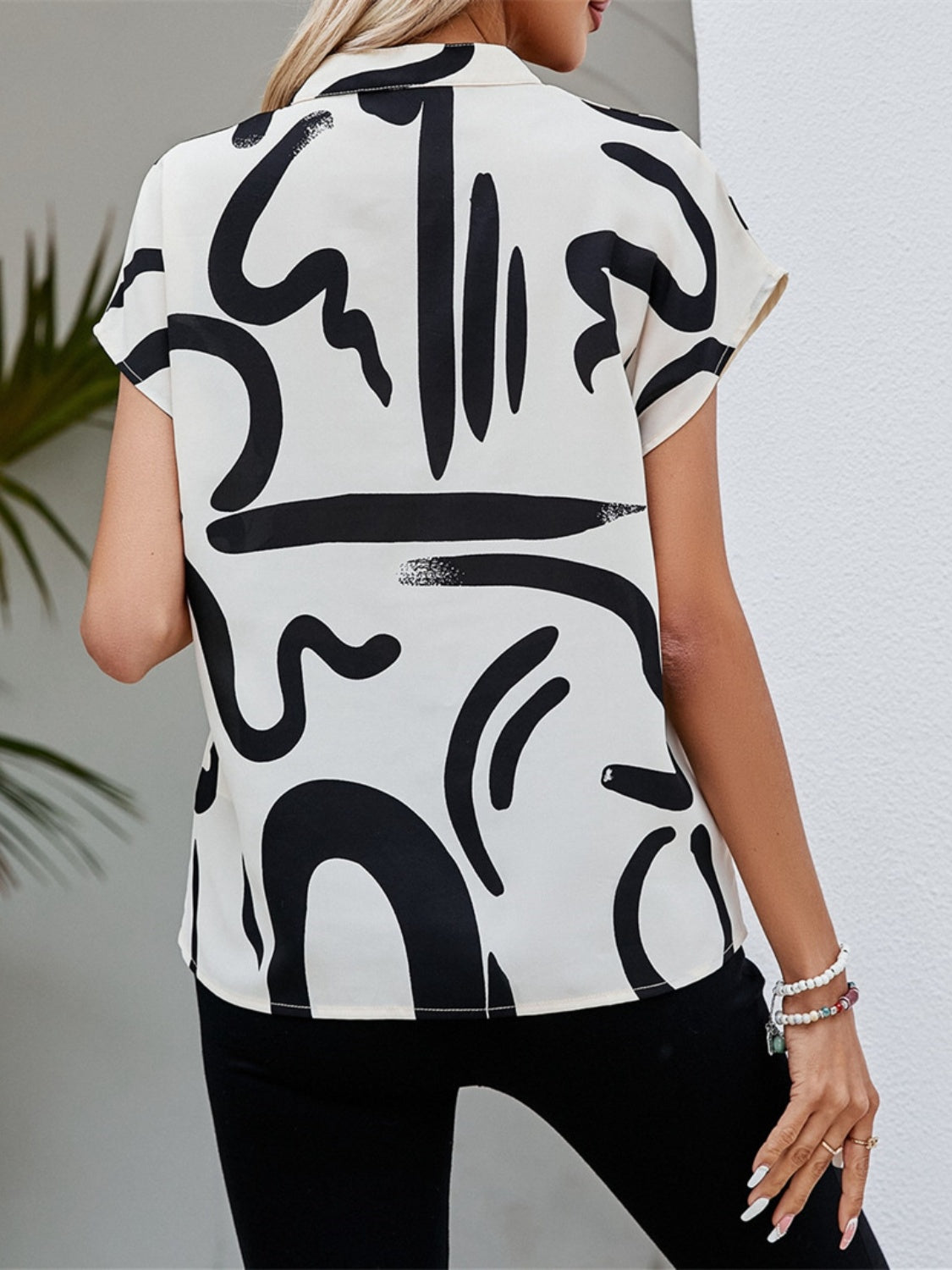 Printed Notched Short Sleeve Blouse - RebelReine Apparel & Co.