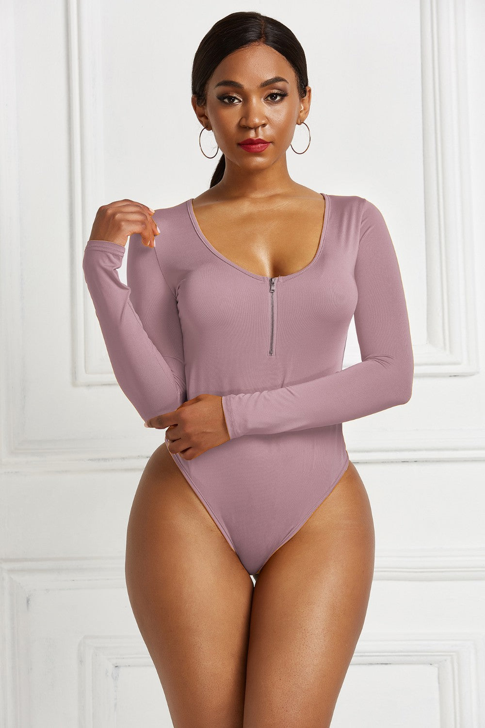 Half Zip Scoop Neck Long Sleeve Bodysuit Trendsi