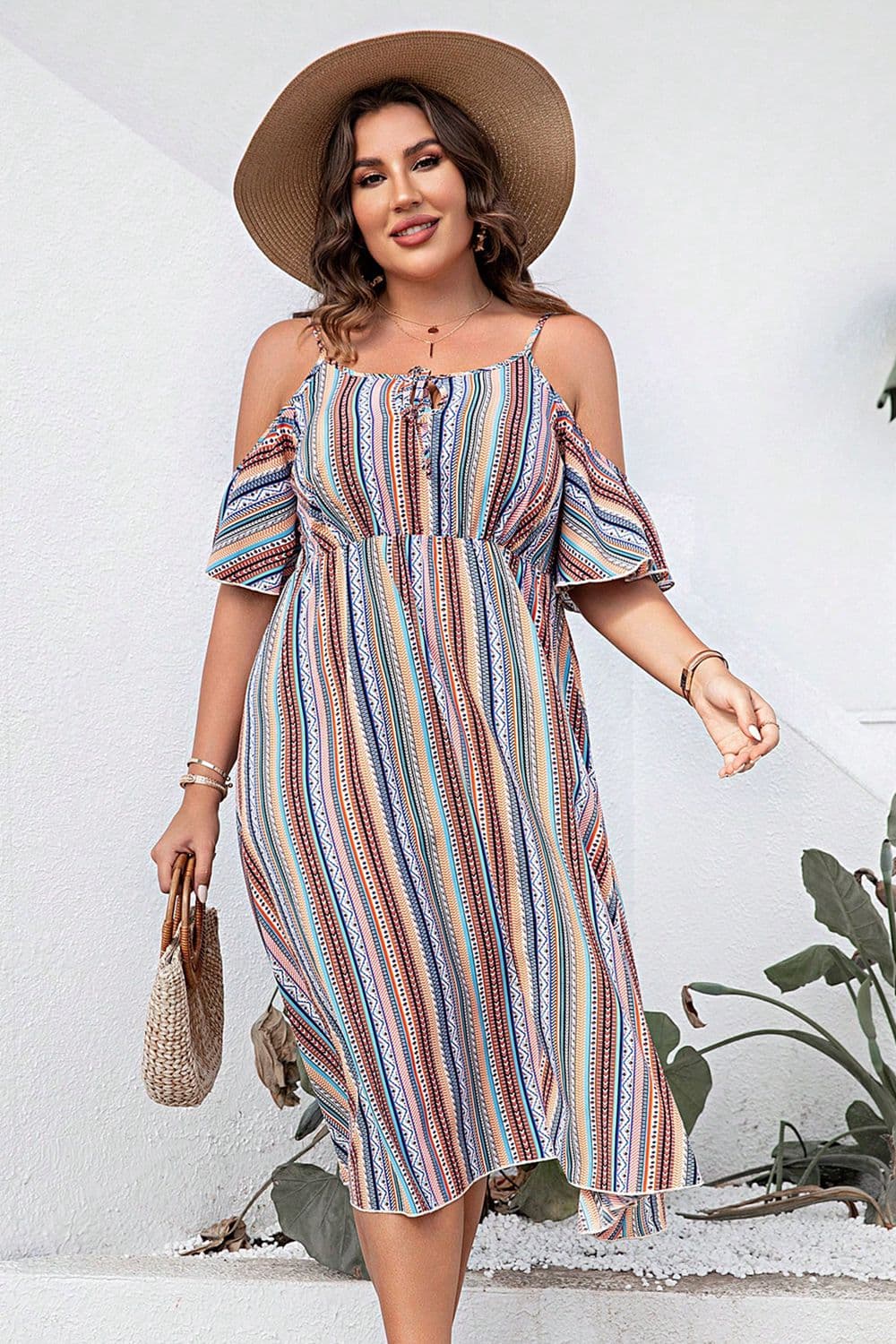 Plus Size Striped Cold-Shoulder Dress - RebelReine Apparel & Co.