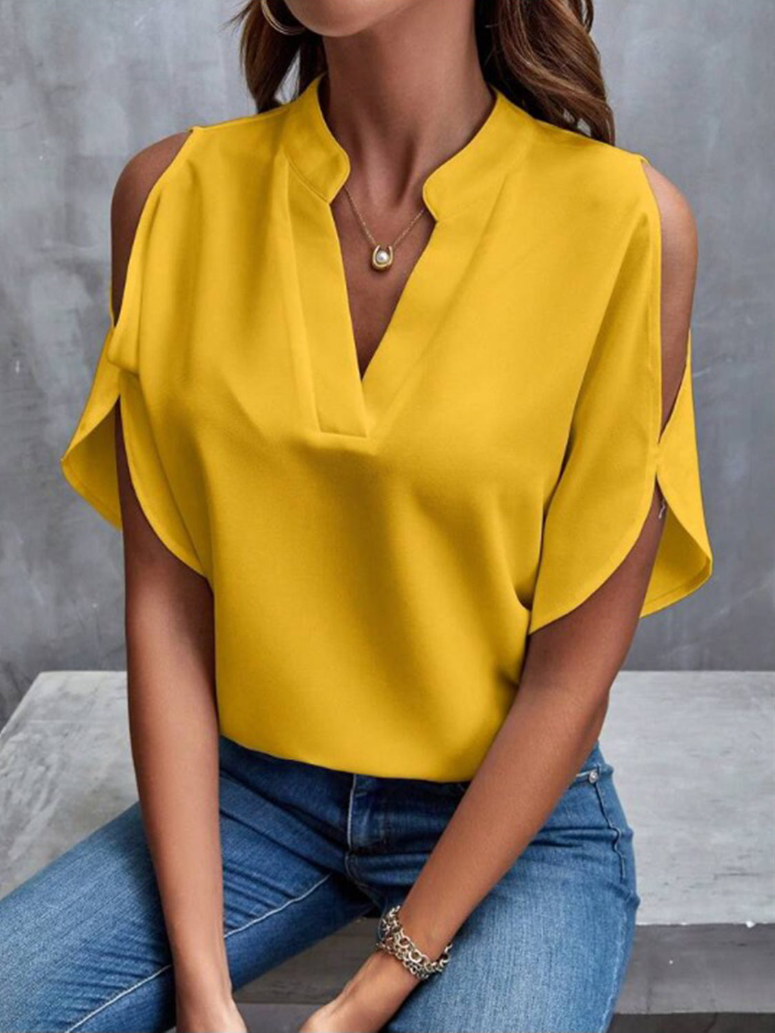 Notched Cold Shoulder Half Sleeve Blouse - RebelReine Apparel & Co.