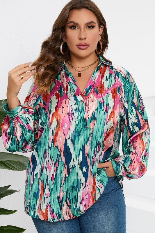 Plus Size Printed Johnny Collar Long Sleeve Blouse - RebelReine Apparel & Co.