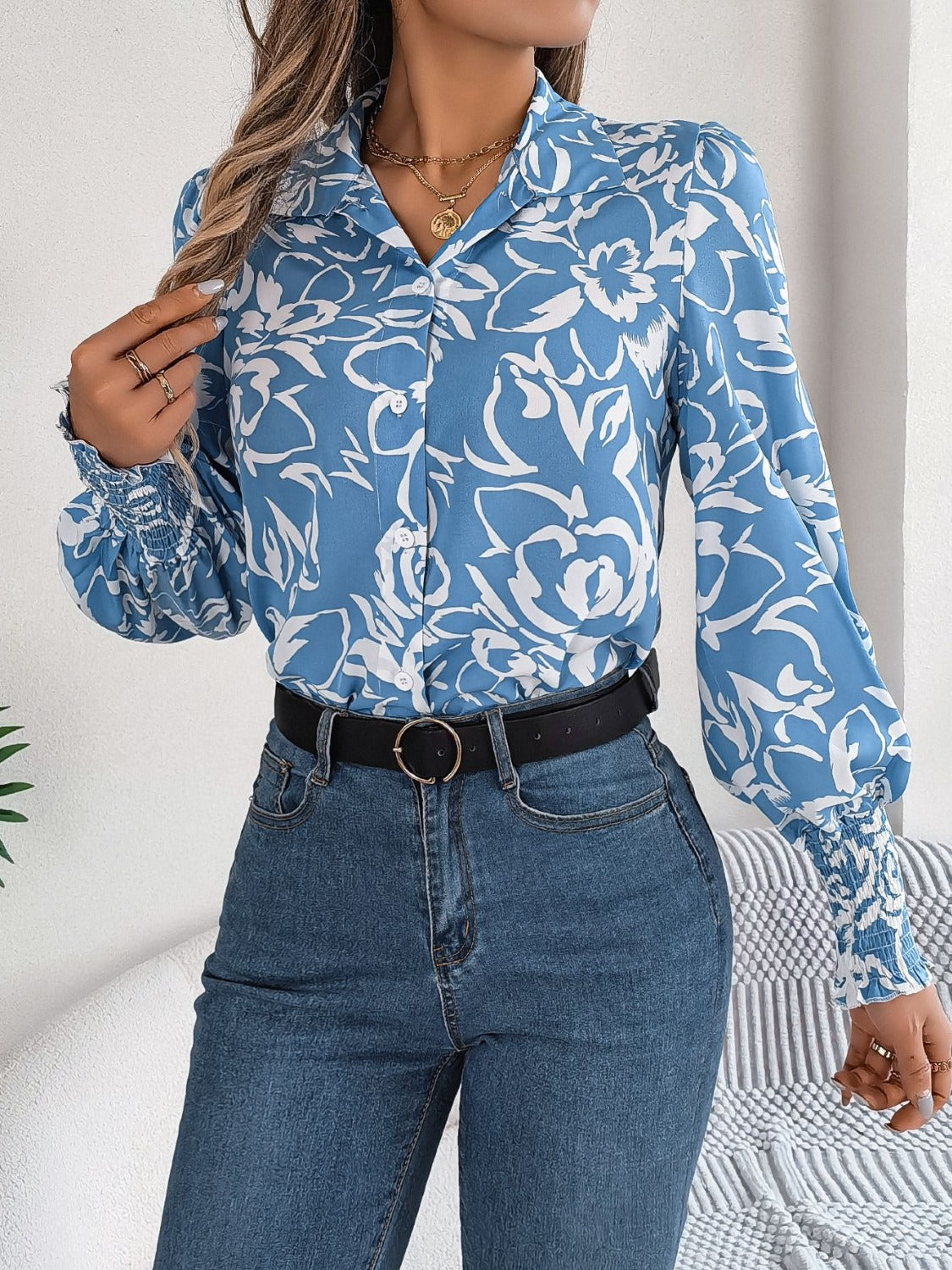 Printed Collared Neck Lantern Sleeve Shirt - RebelReine Apparel & Co.