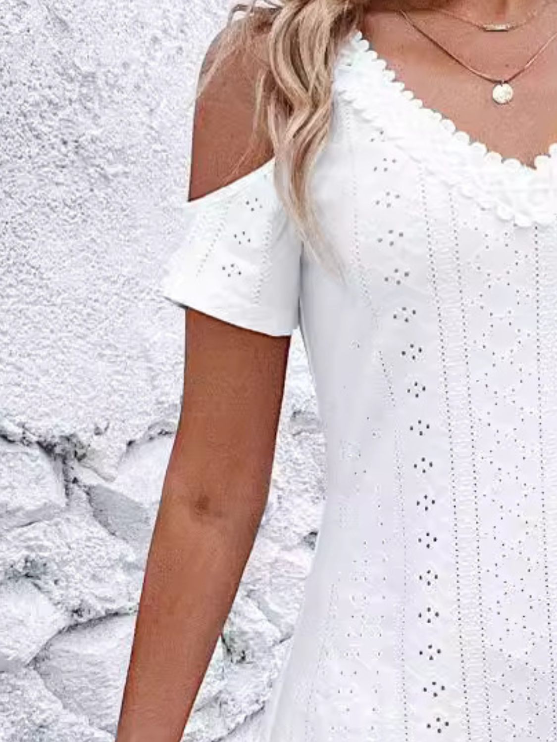 Eyelet V-Neck Cold Shoulder Mini Dress - RebelReine Apparel & Co.