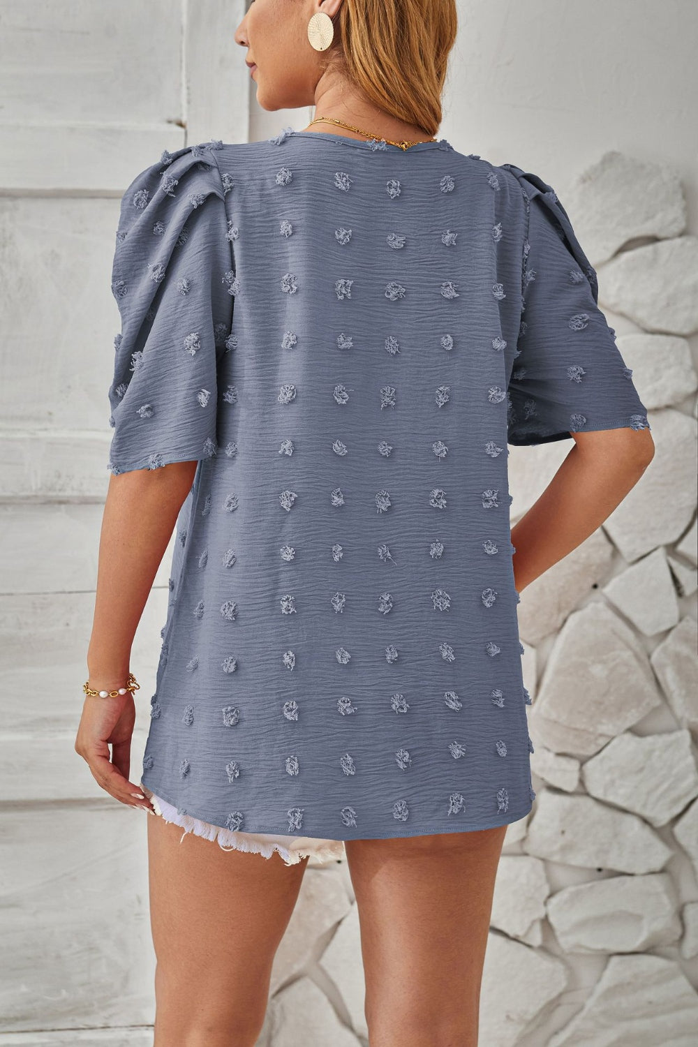 Swiss Dot Round Neck Short Sleeve Blouse - RebelReine Apparel & Co.