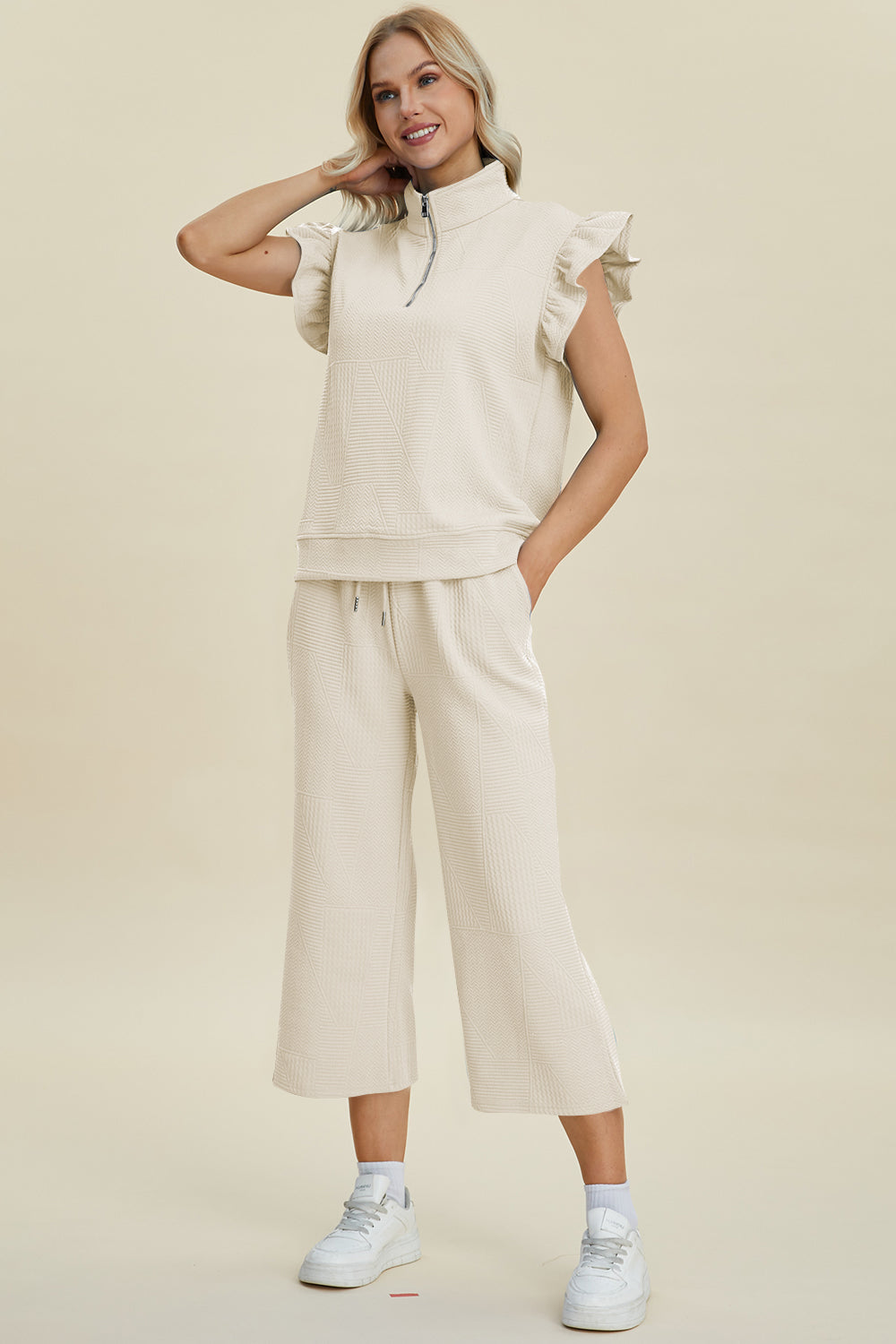 Double Take Full Size Texture Ruffle Short Sleeve Top and Wide Leg Pants Set - RebelReine Apparel & Co.