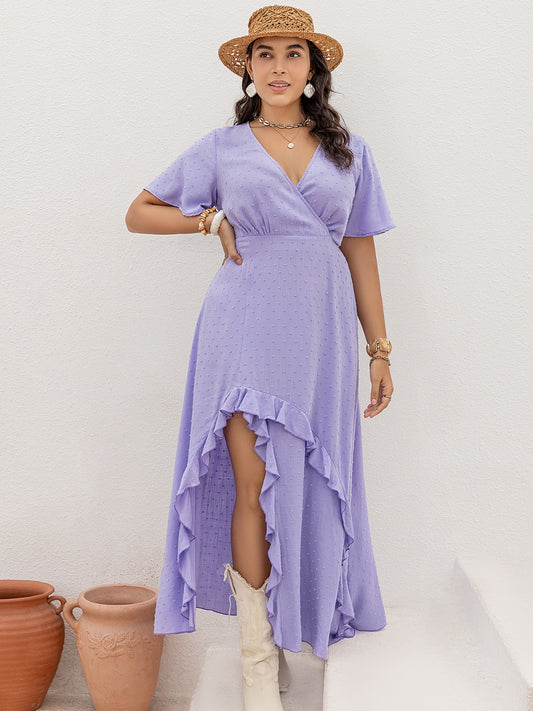 Plus Size Swiss Dot High-Low Surplice Dress - RebelReine Apparel & Co.