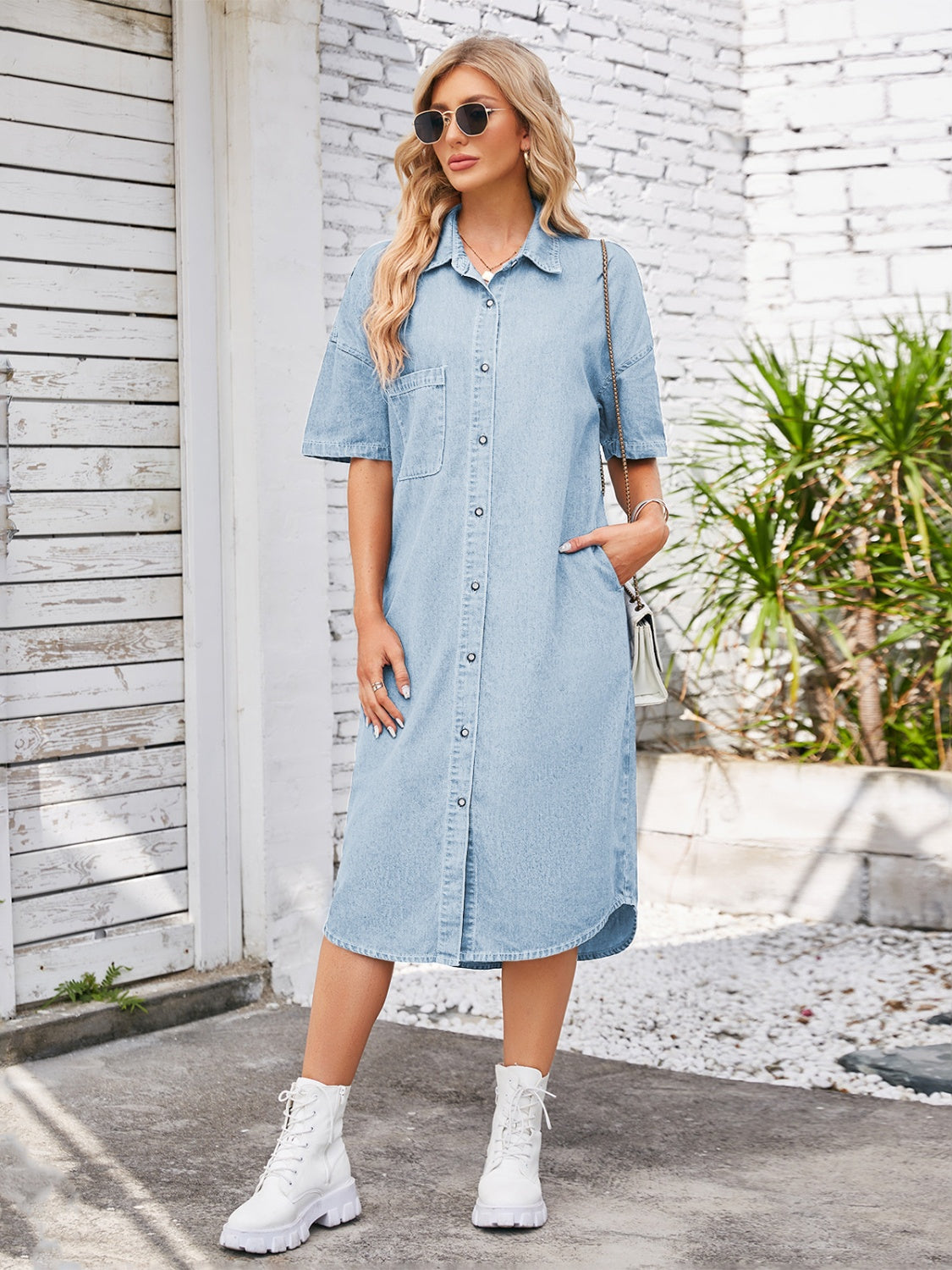 Button Up Dropped Shoulder Denim Dress - RebelReine Apparel & Co.