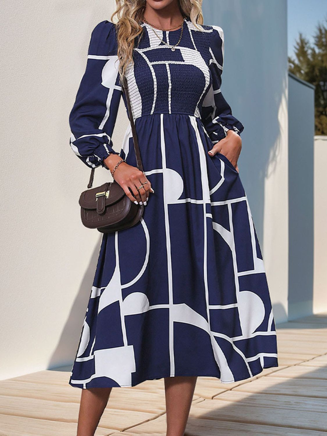 Smocked Color Block Long Sleeve Midi Dress