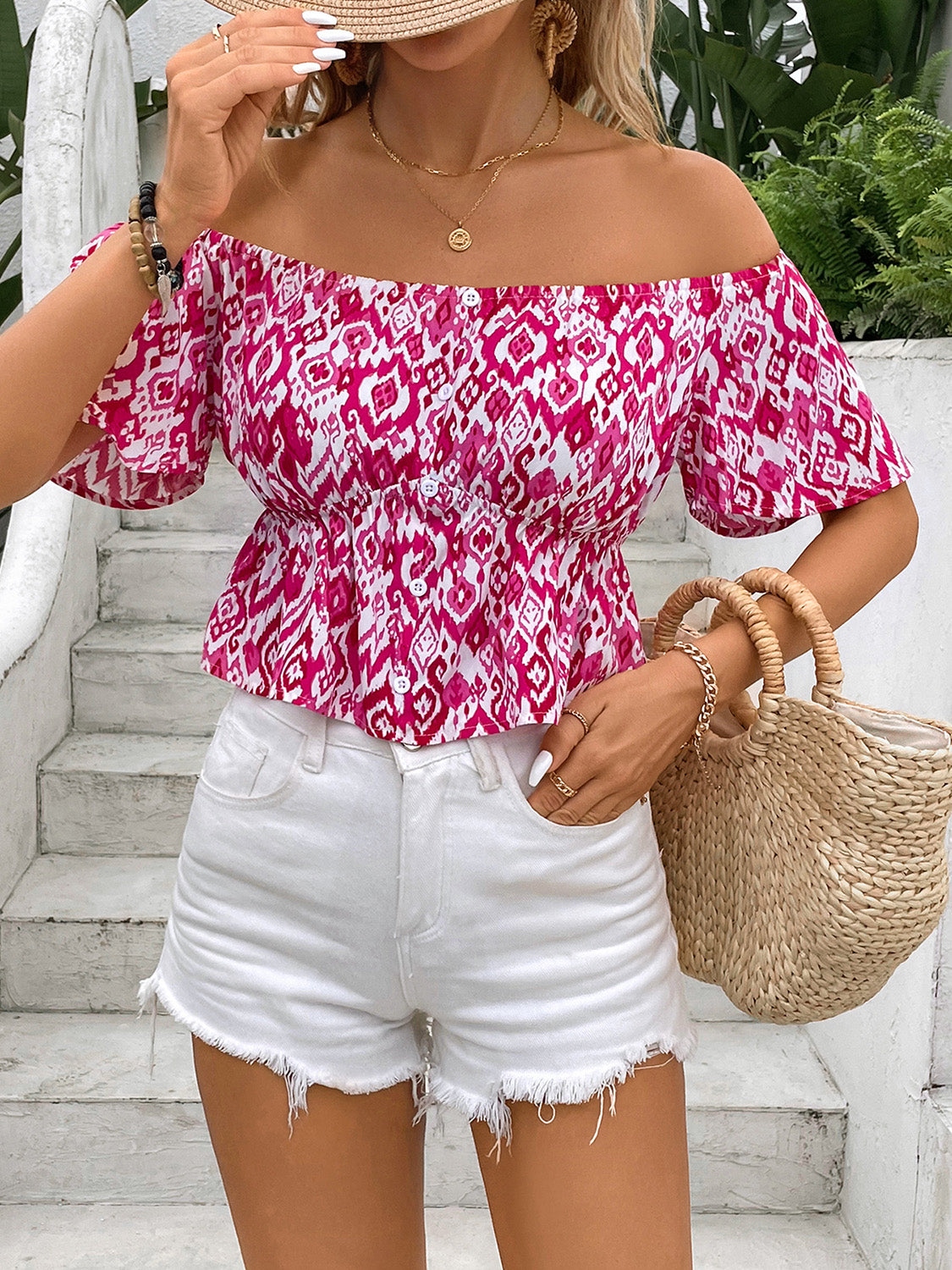 Peplum Printed Off-Shoulder Short Sleeve Blouse - RebelReine Apparel & Co.