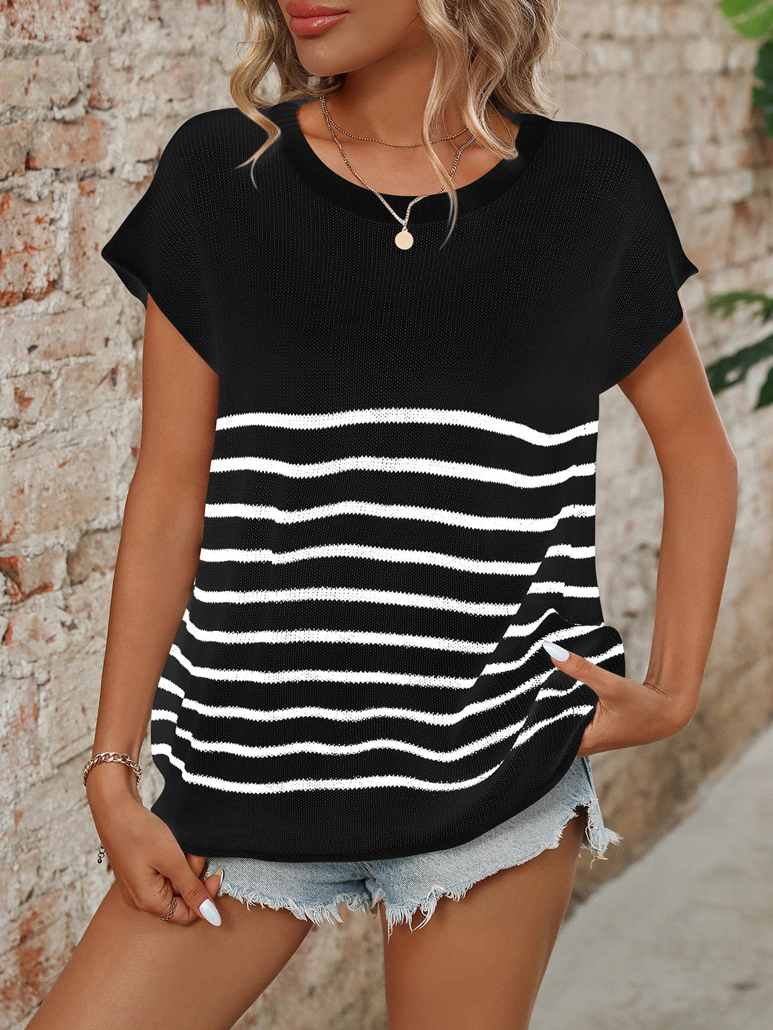 Striped Round Neck Short Sleeve Knit Top - RebelReine Apparel & Co.