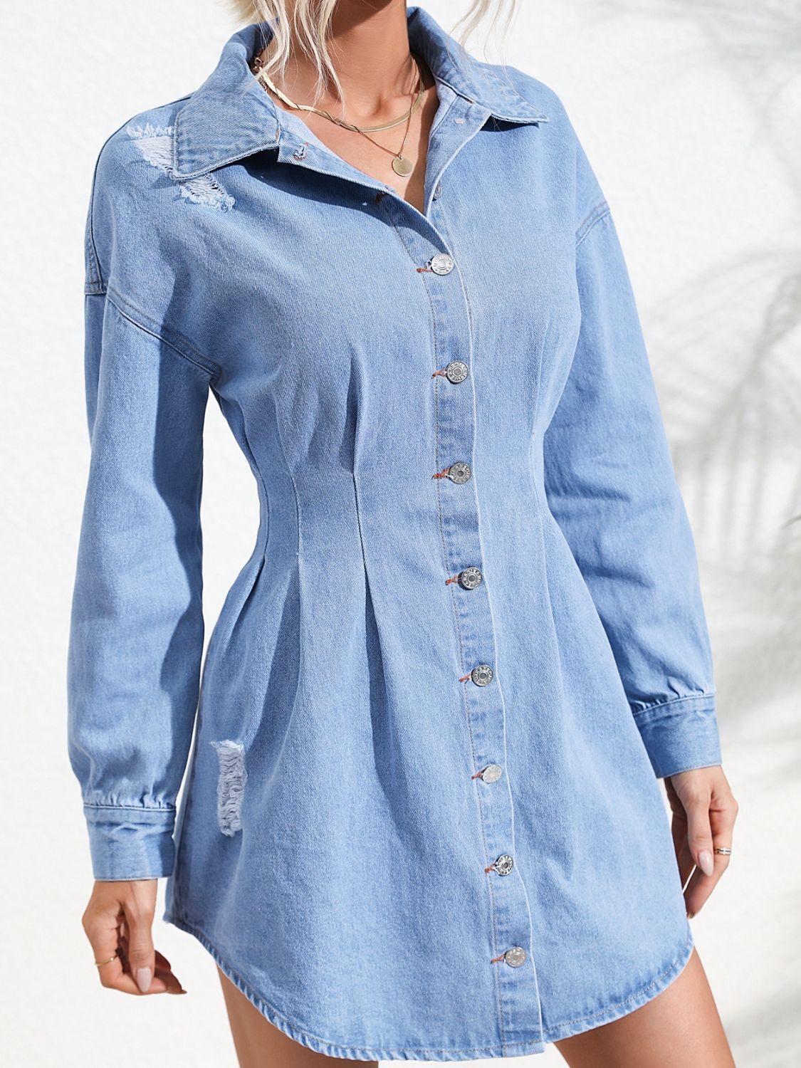 Distressed Button Up Long Sleeve Denim Dress - RebelReine Apparel & Co.