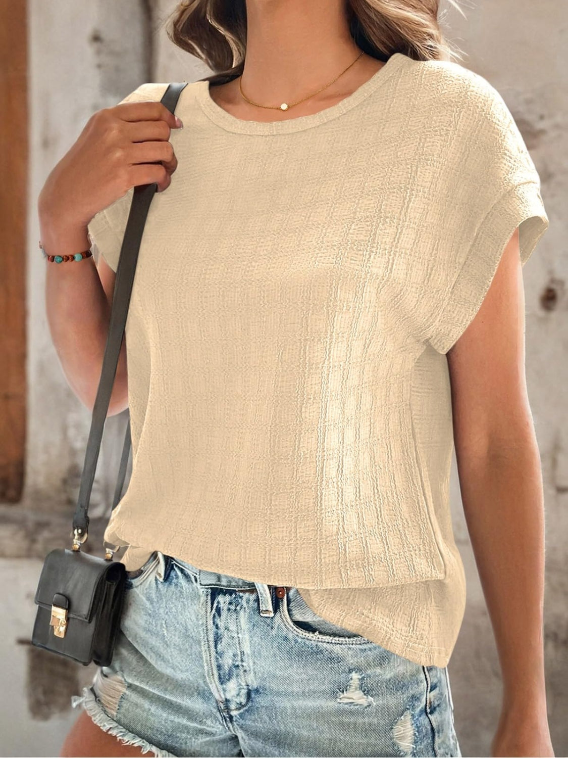 Textured Round Neck Short Sleeve Top - RebelReine Apparel & Co.