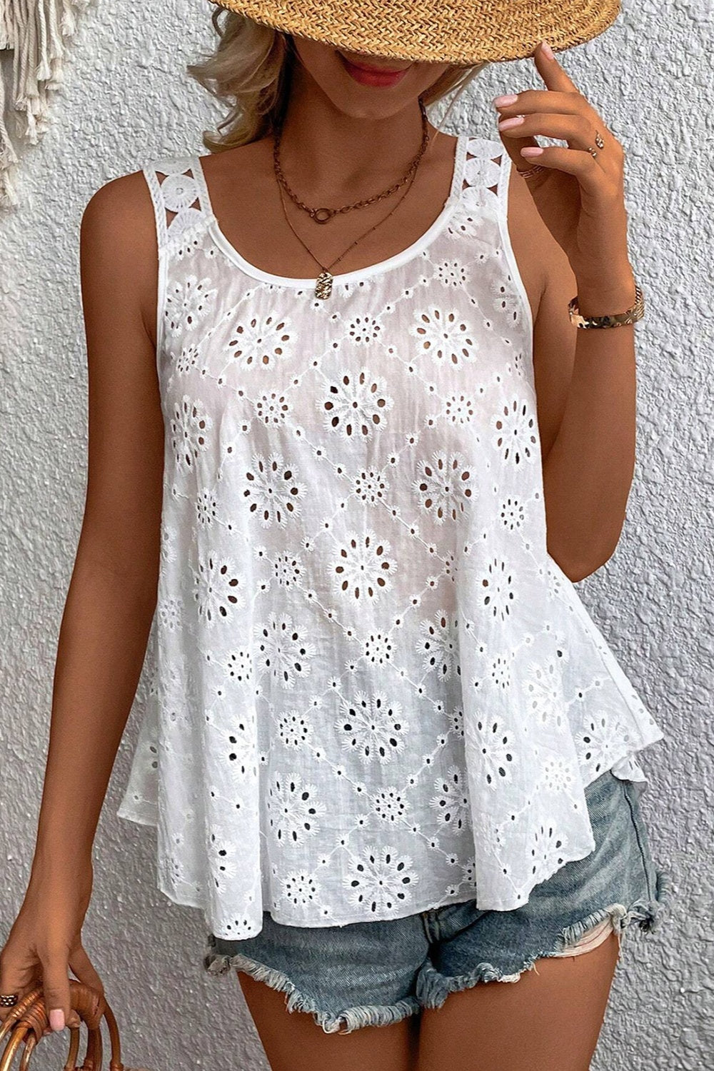 Eyelet Round Neck Wide Strap Tank - RebelReine Apparel & Co.