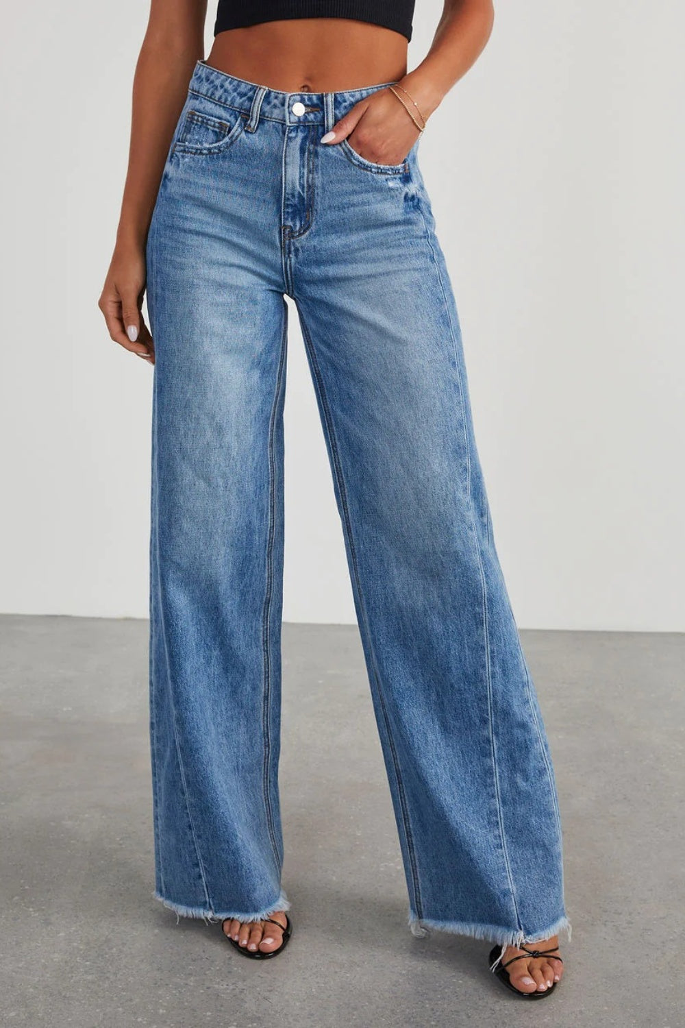 Raw Hem Wide Leg Jeans with Pockets - RebelReine Apparel & Co.