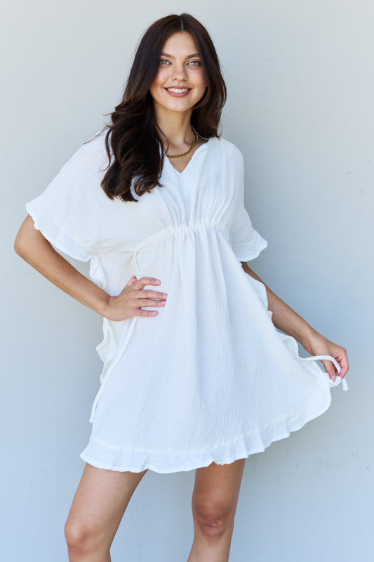 Ninexis Out Of Time Full Size Ruffle Hem Dress with Drawstring Waistband in White - RebelReine Apparel & Co.