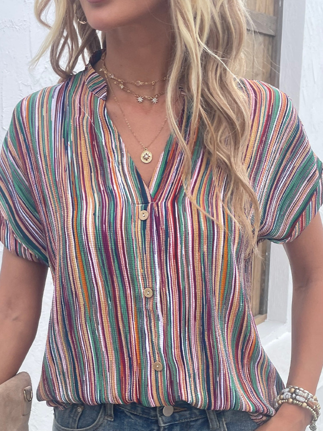 Striped Notched Short Sleeve Blouse - RebelReine Apparel & Co.