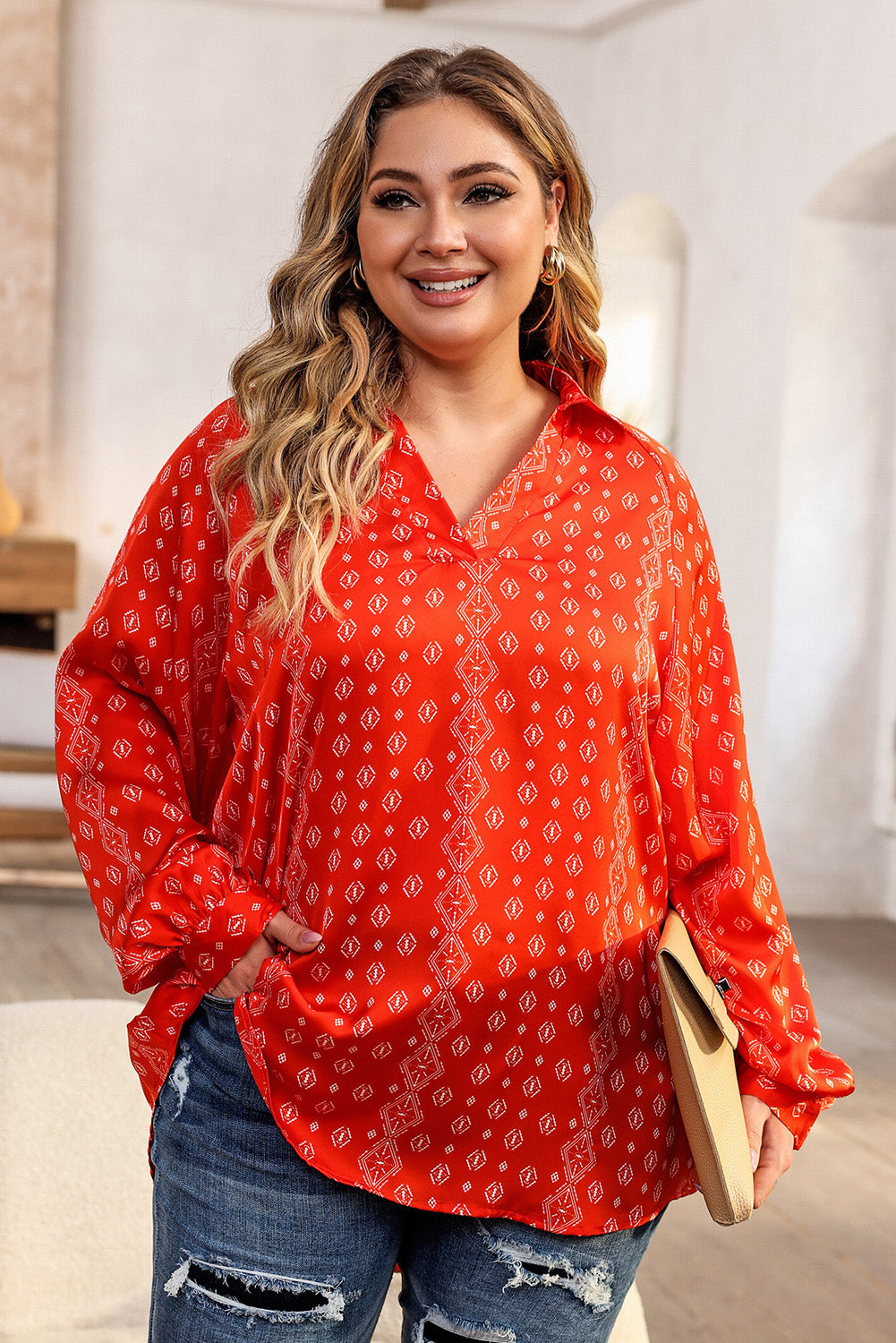 Plus Size Printed Johnny Collar Long Sleeve Blouse - RebelReine Apparel & Co.