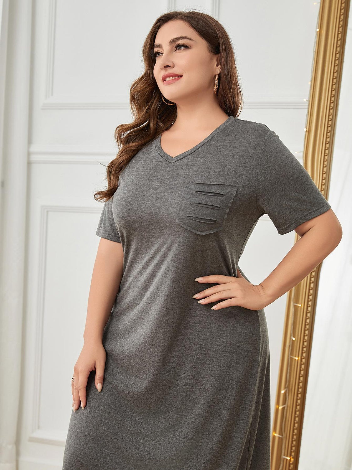 Plus Size Pocketed V-Neck Short Sleeve Lounge Dress - RebelReine Apparel & Co.