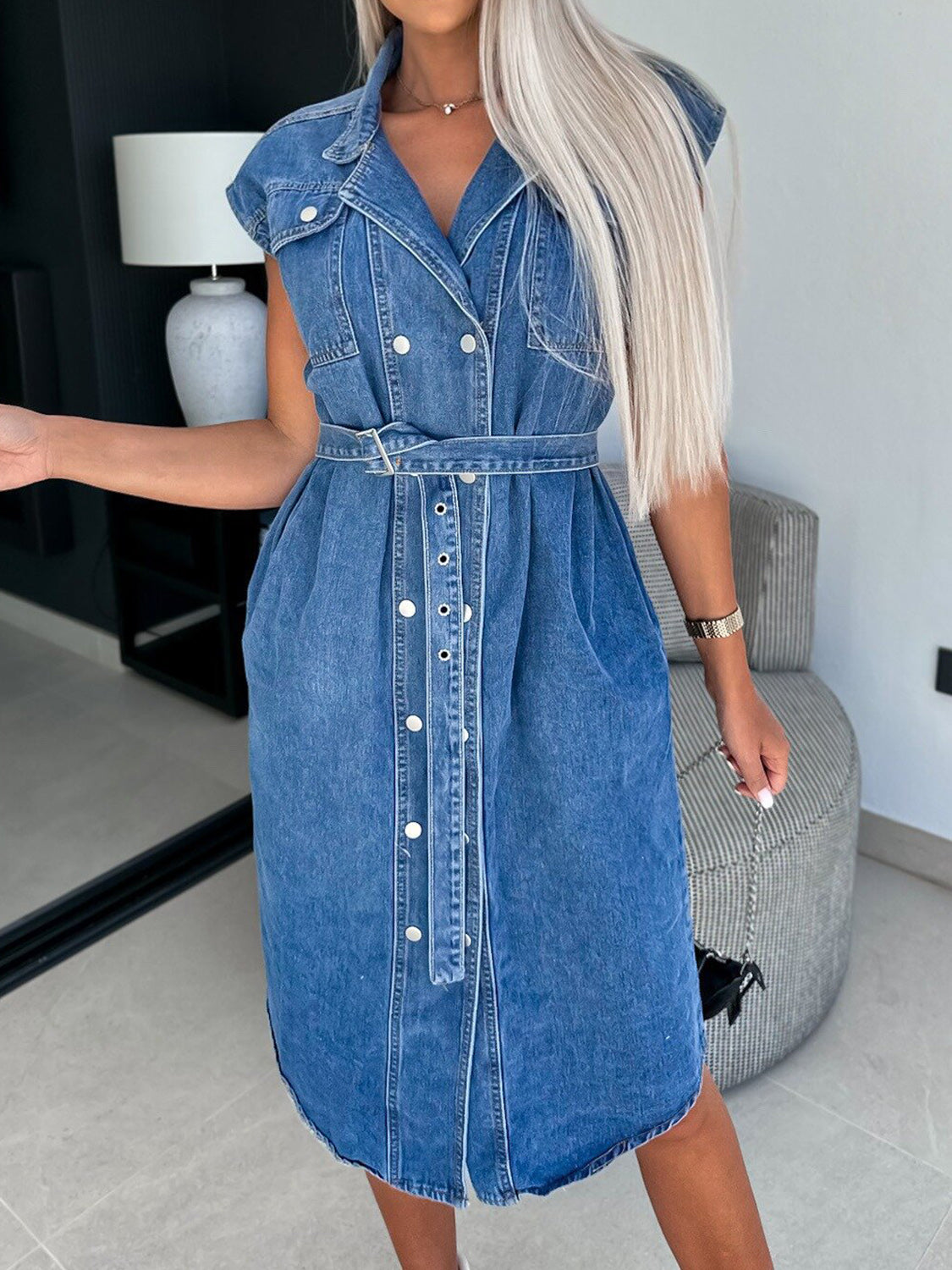 Collared Neck Cap Sleeve Denim Dress - RebelReine Apparel & Co.