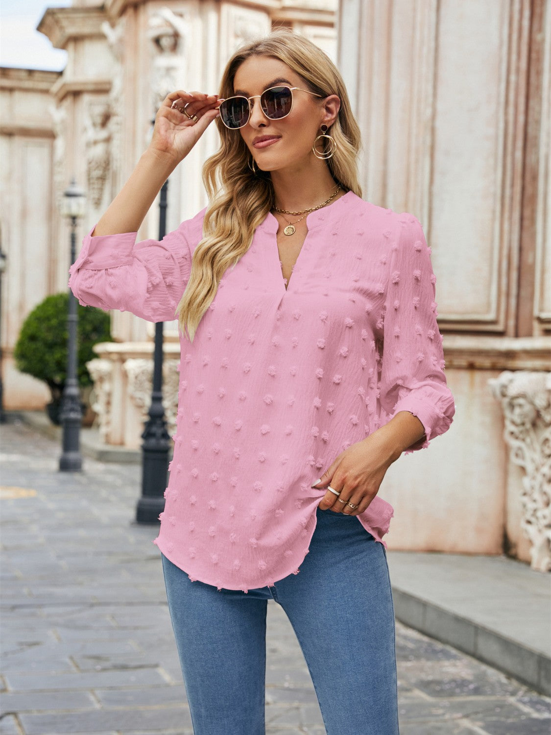 Swiss Dot Notched Neck Blouse - RebelReine Apparel & Co.