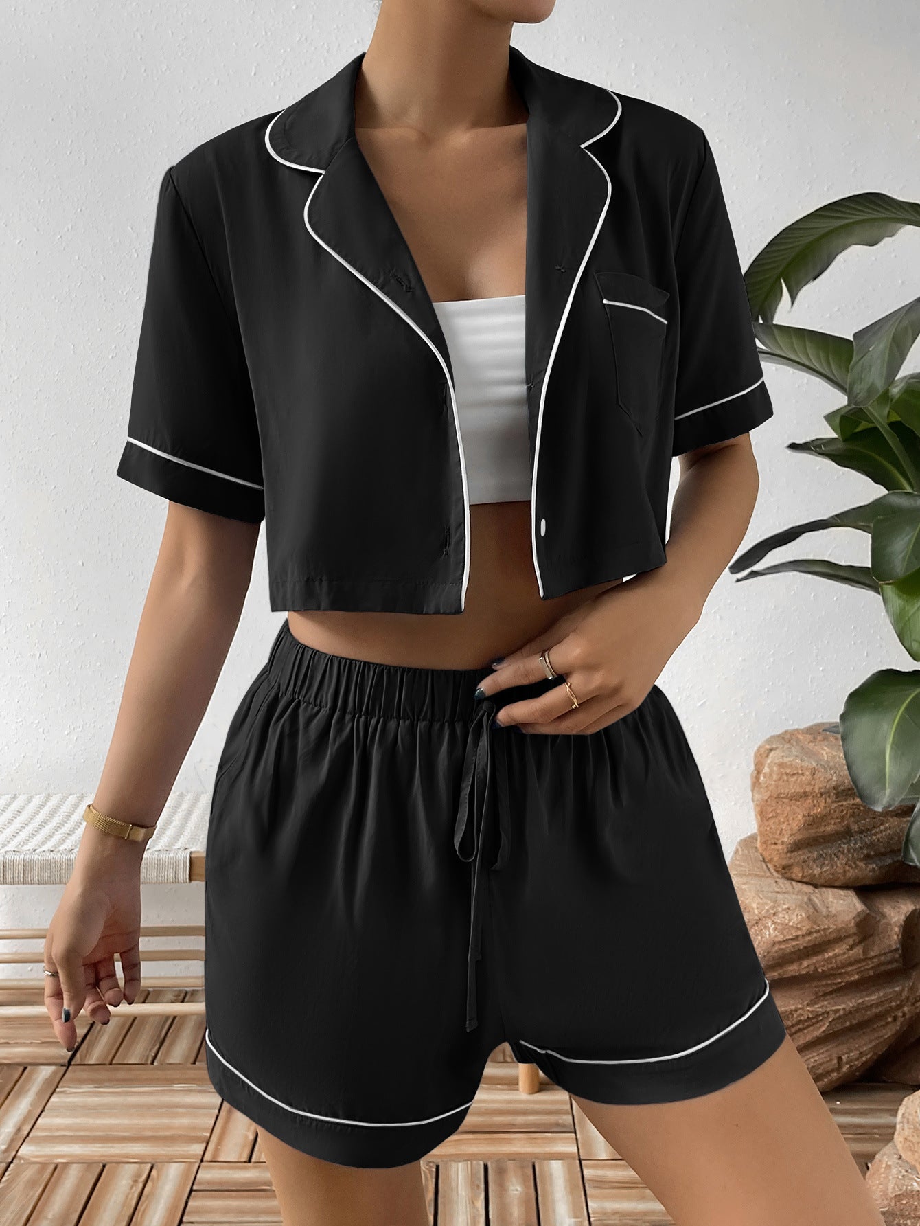 Contrast Lapel Collar Cropped Shirt and Shorts Lounge Set - RebelReine Apparel & Co.