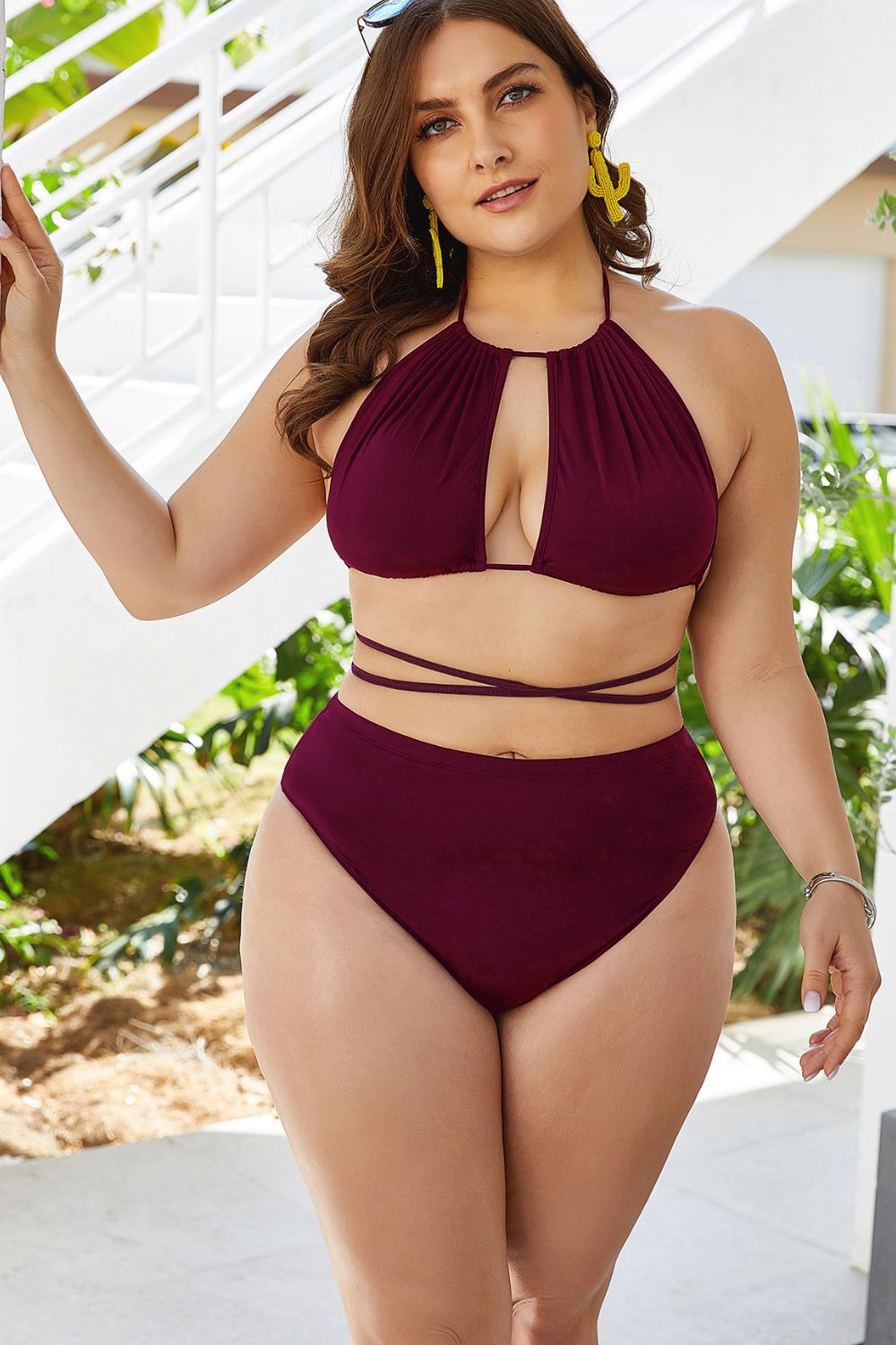 Plus Size Cutout Tied Backless Bikini Set - RebelReine Apparel & Co.