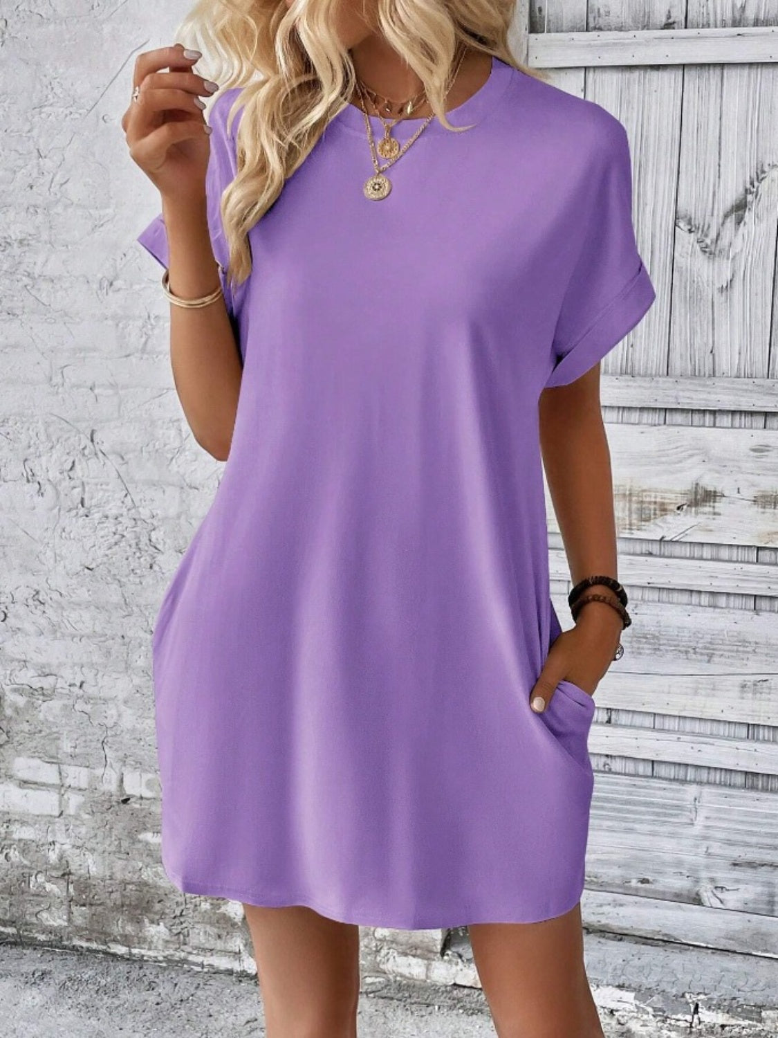 Pocketed Round Neck Short Sleeve Dress - RebelReine Apparel & Co.